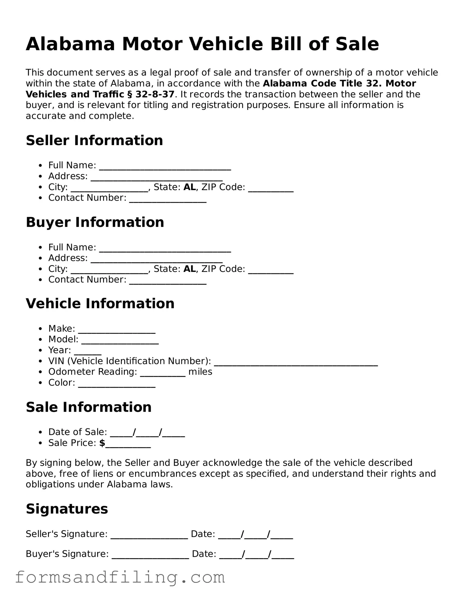Free Alabama Motor Vehicle Bill of Sale Template