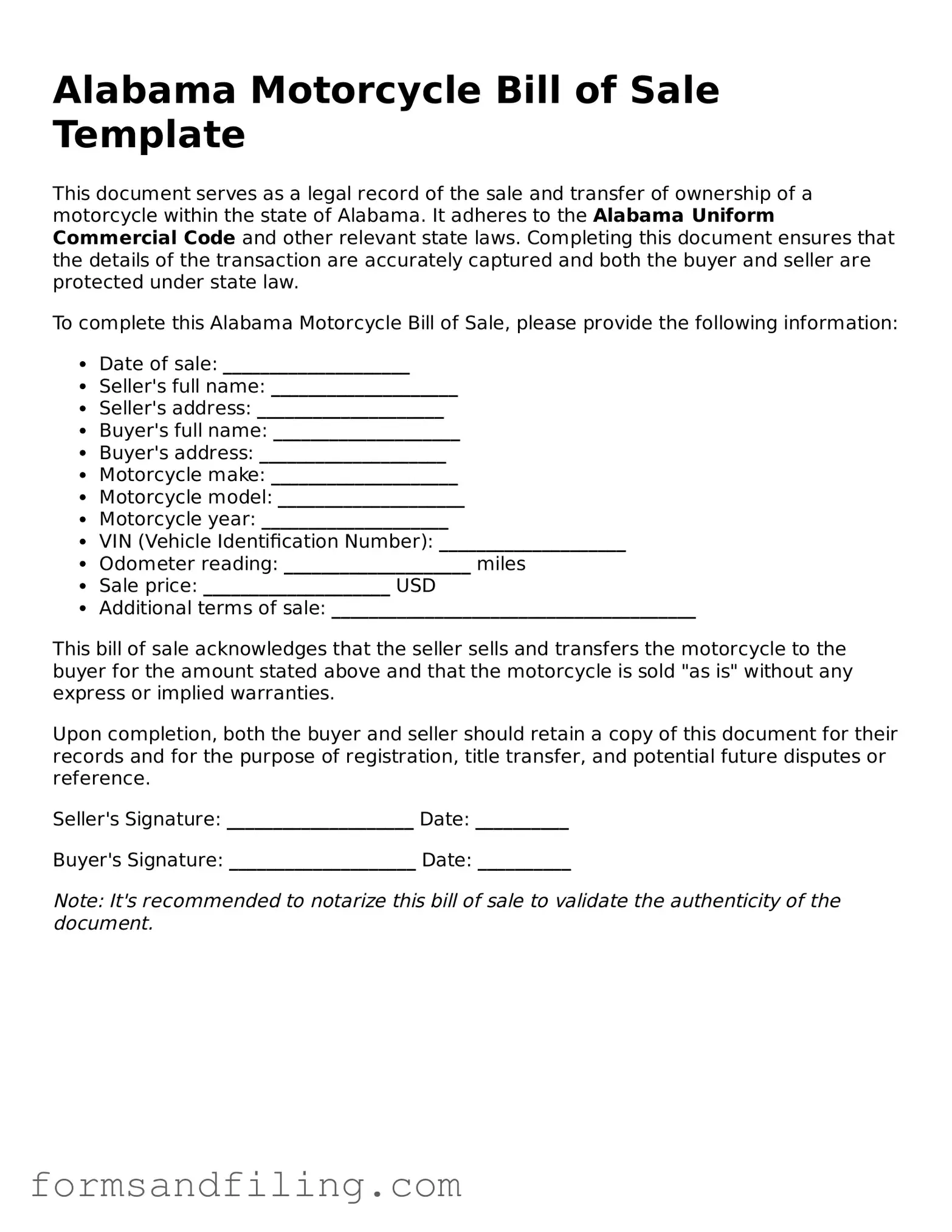 Free Alabama Motorcycle Bill of Sale Template