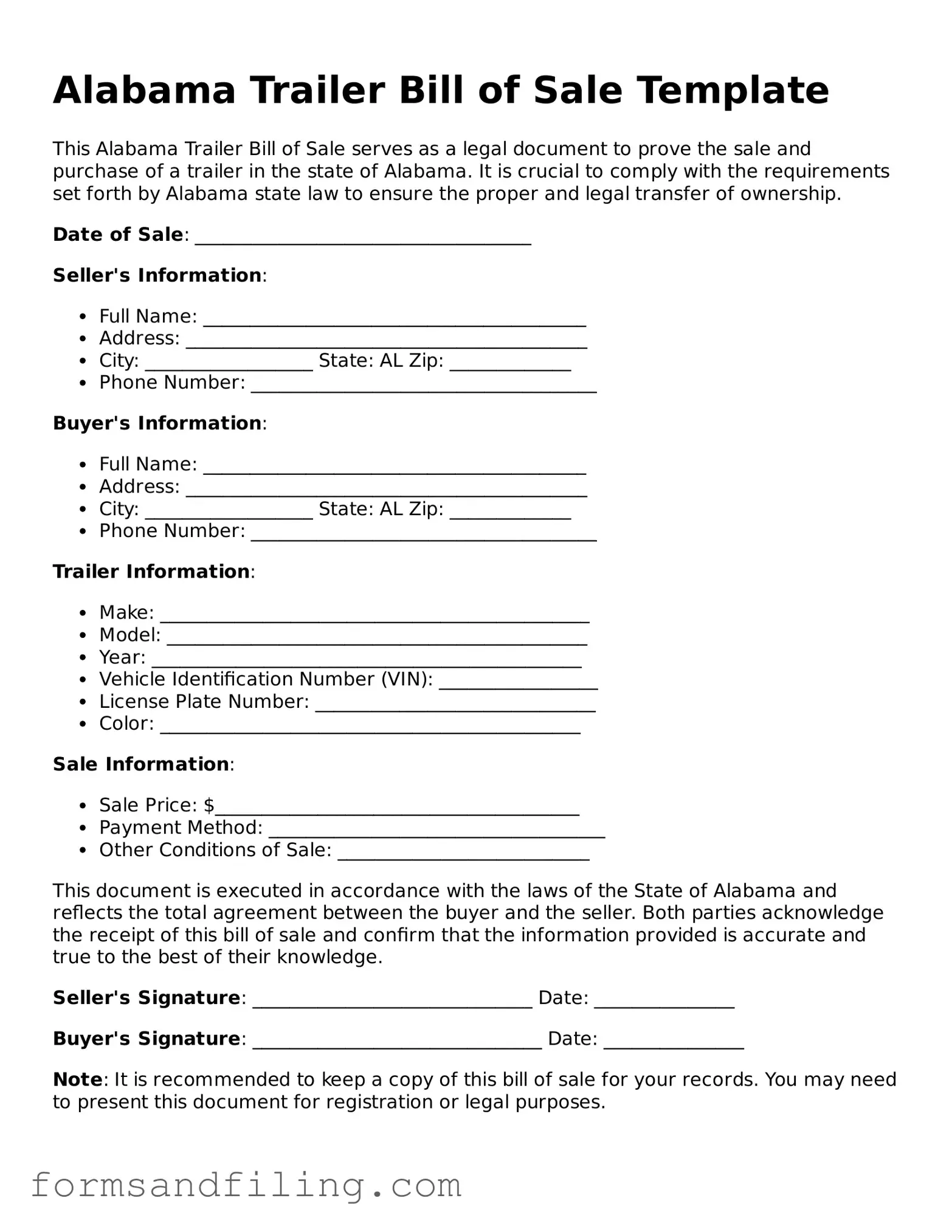Free Alabama Trailer Bill of Sale Template