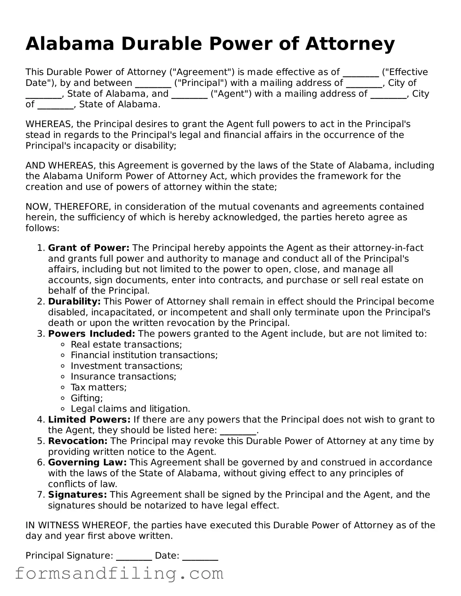 Free Alabama Durable Power of Attorney Template