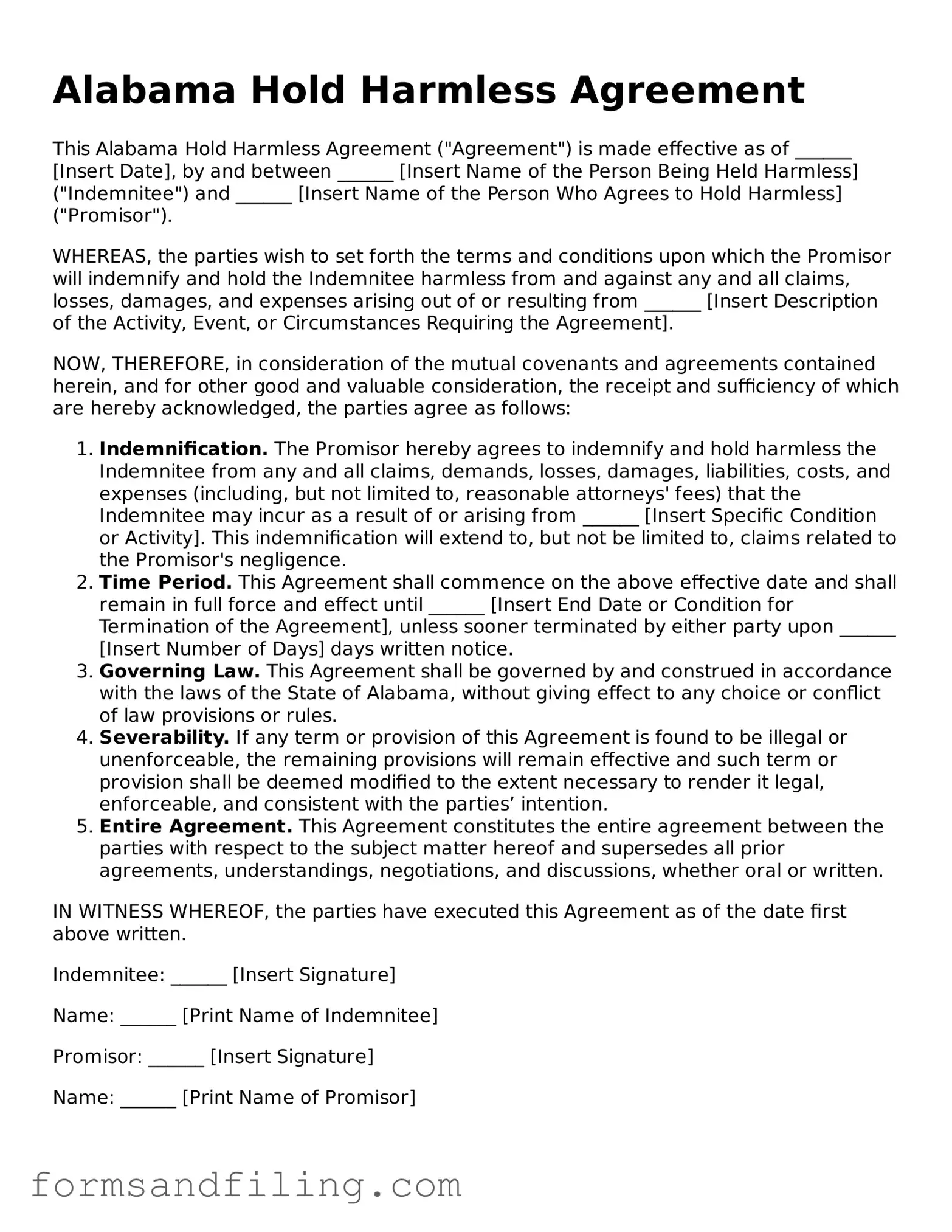 Free Alabama Hold Harmless Agreement Template