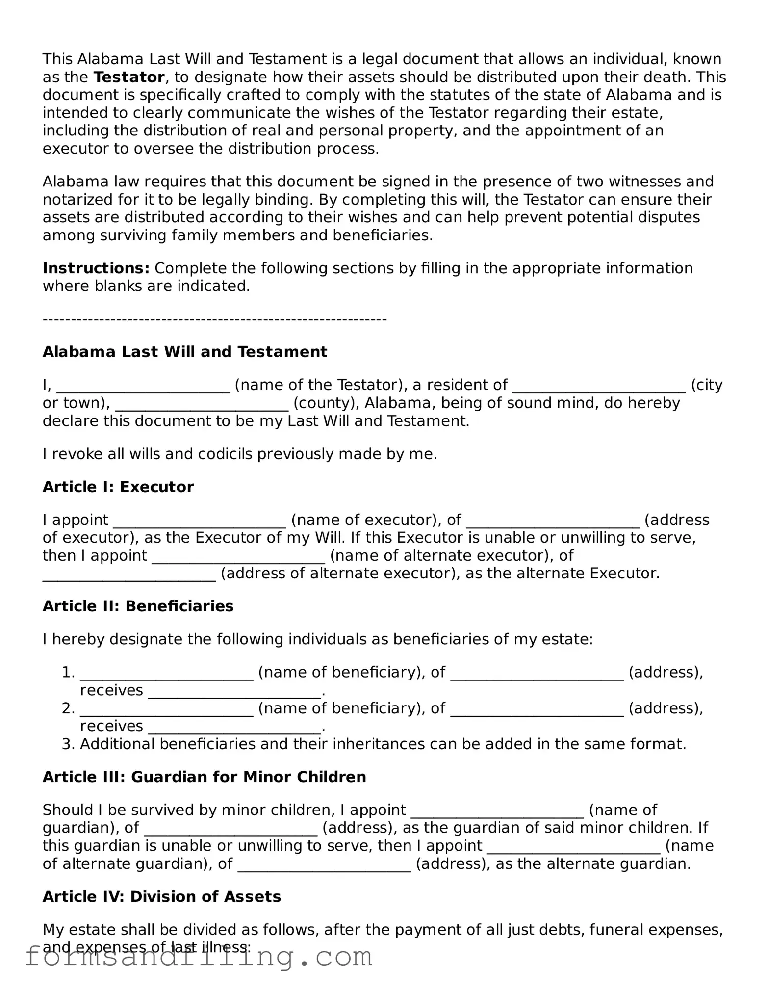 Free Alabama Last Will and Testament Template