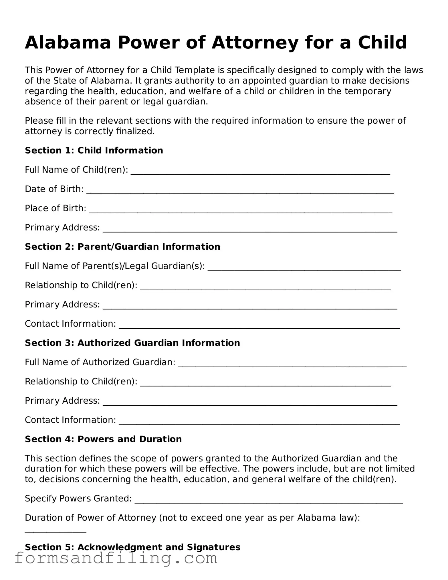 Free Alabama Power of Attorney for a Child Template