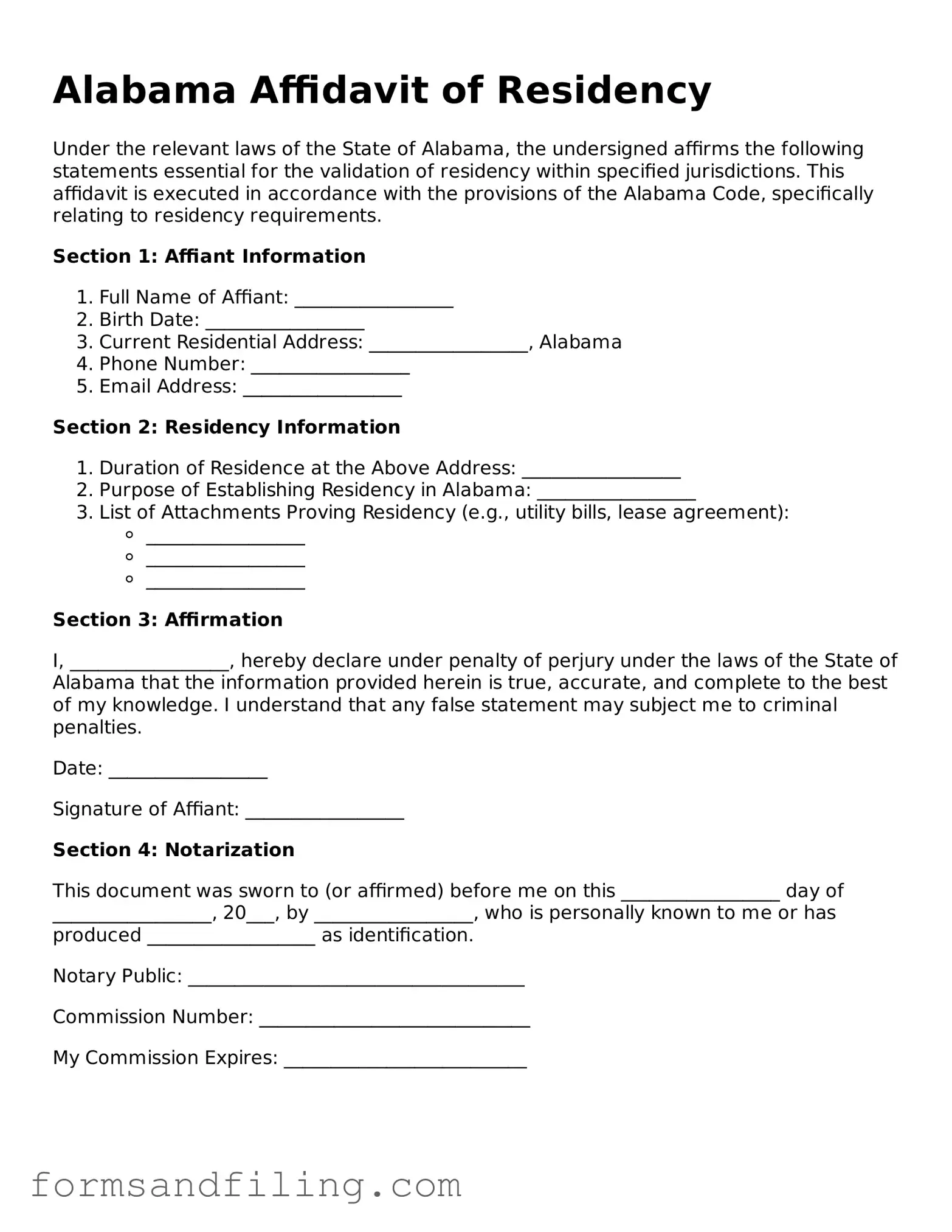 Free Alabama Affidavit of Residency Template