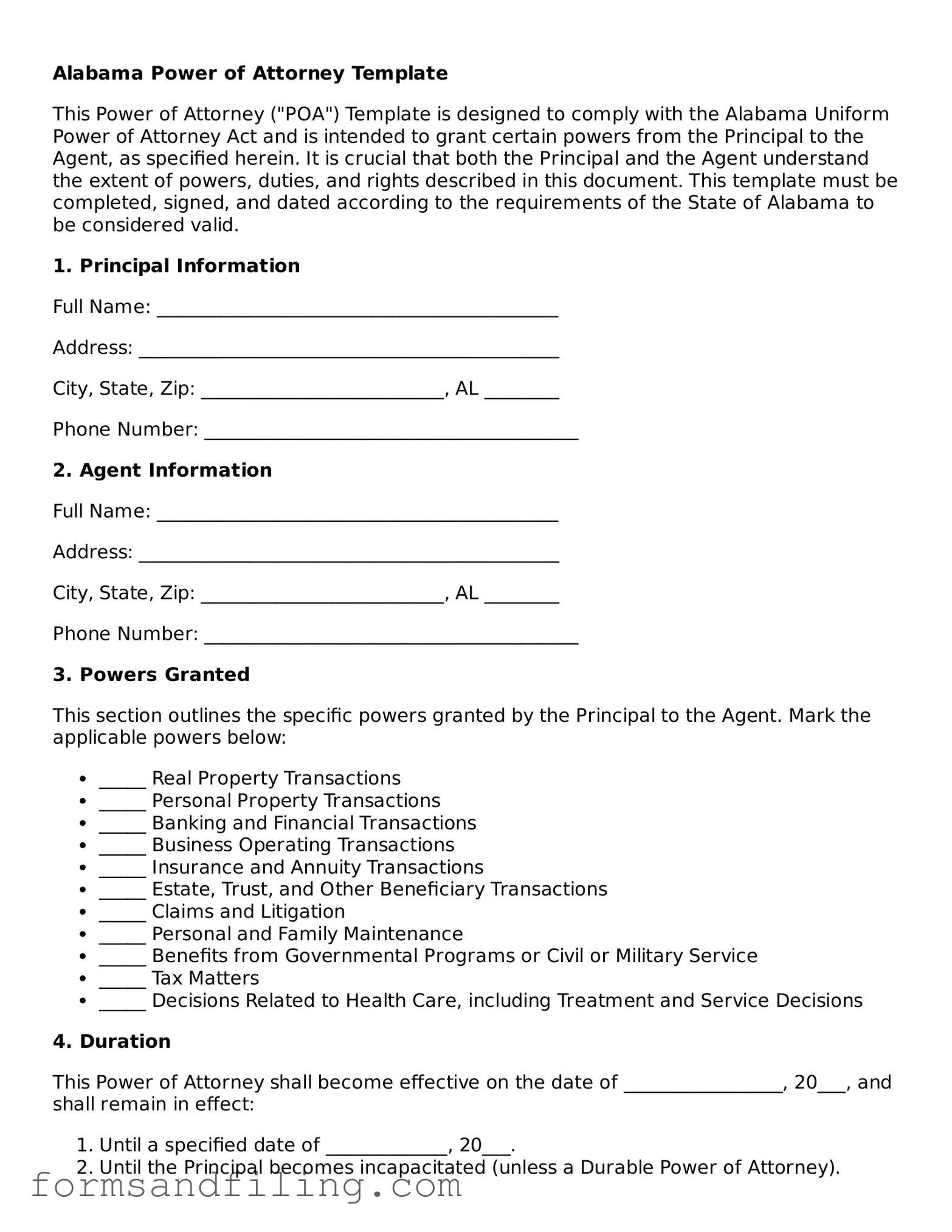 Free Alabama Power of Attorney Template
