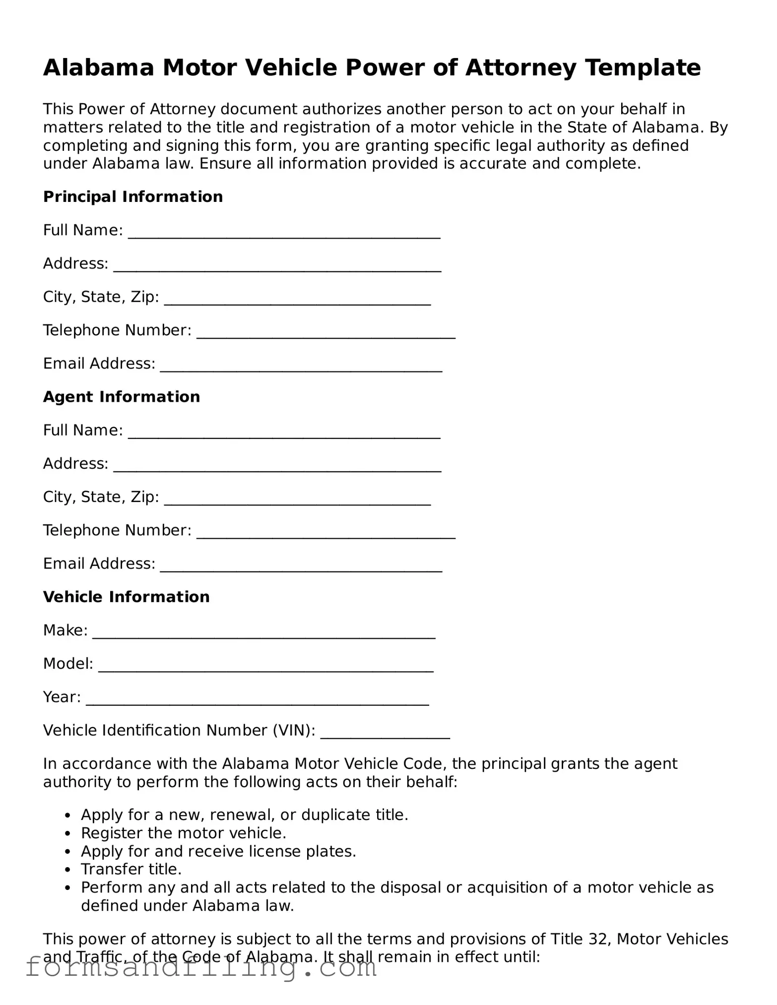Free Alabama Motor Vehicle Power of Attorney Template