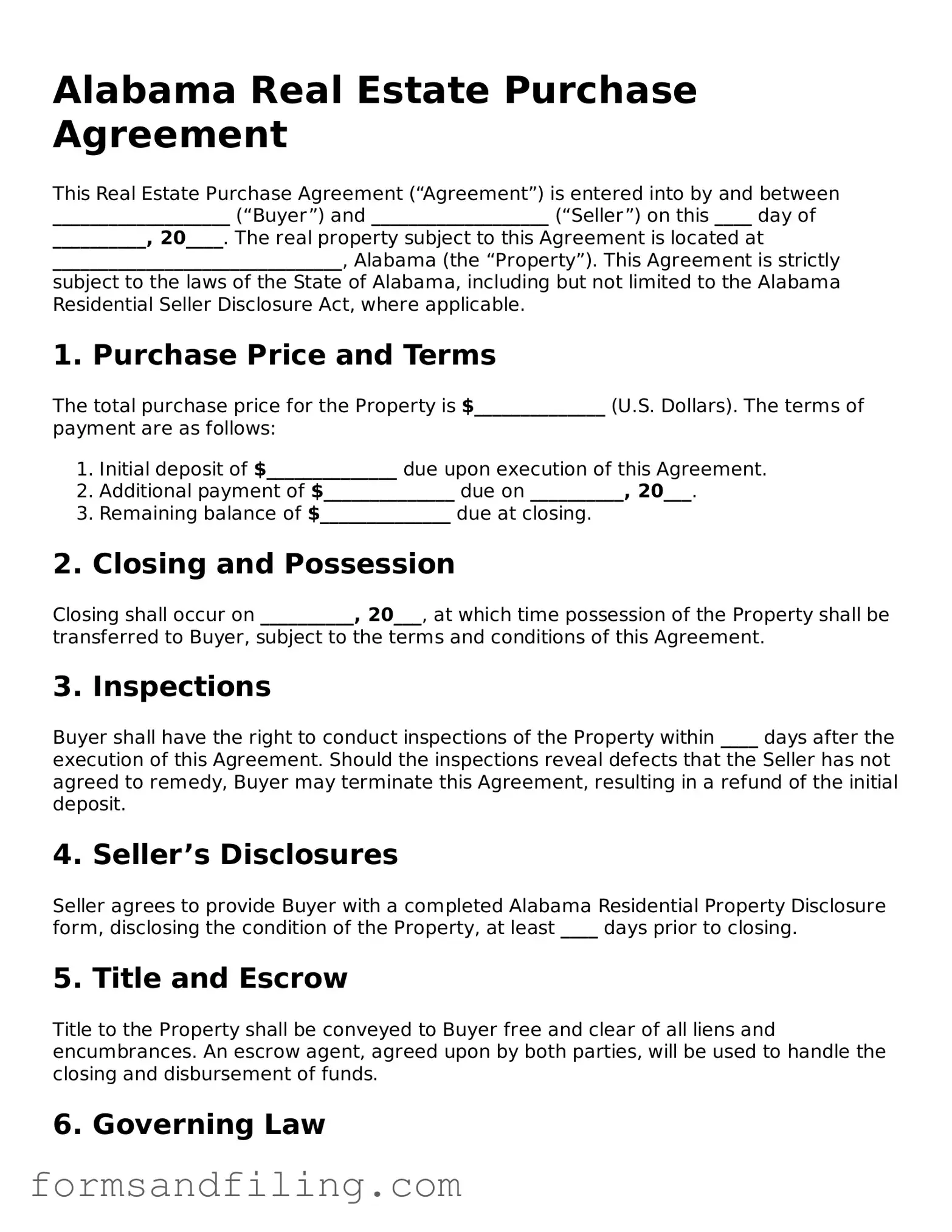 Free Alabama Real Estate Purchase Agreement Template