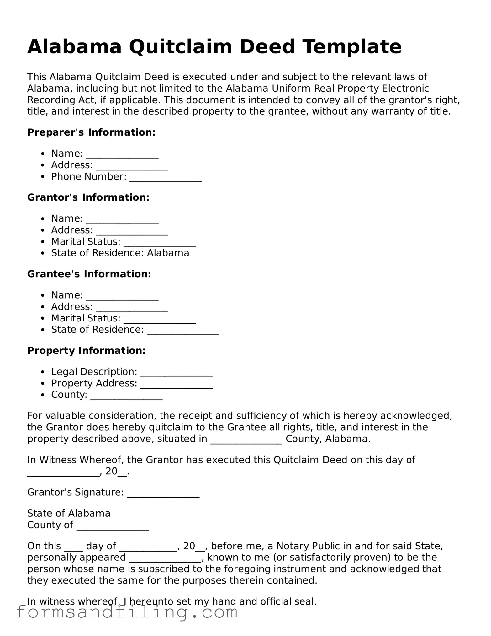 Free Alabama Quitclaim Deed Template