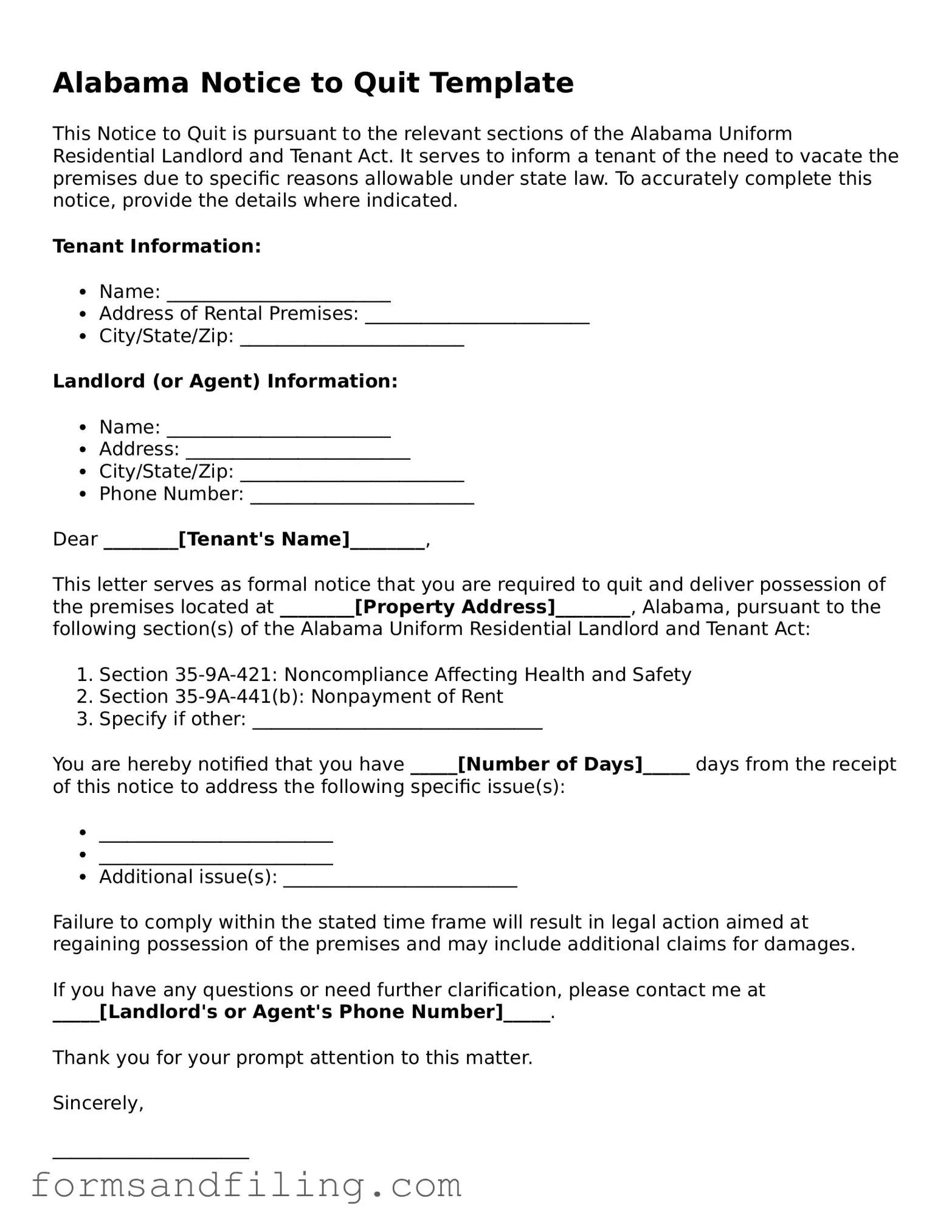 Free Alabama Notice to Quit Template