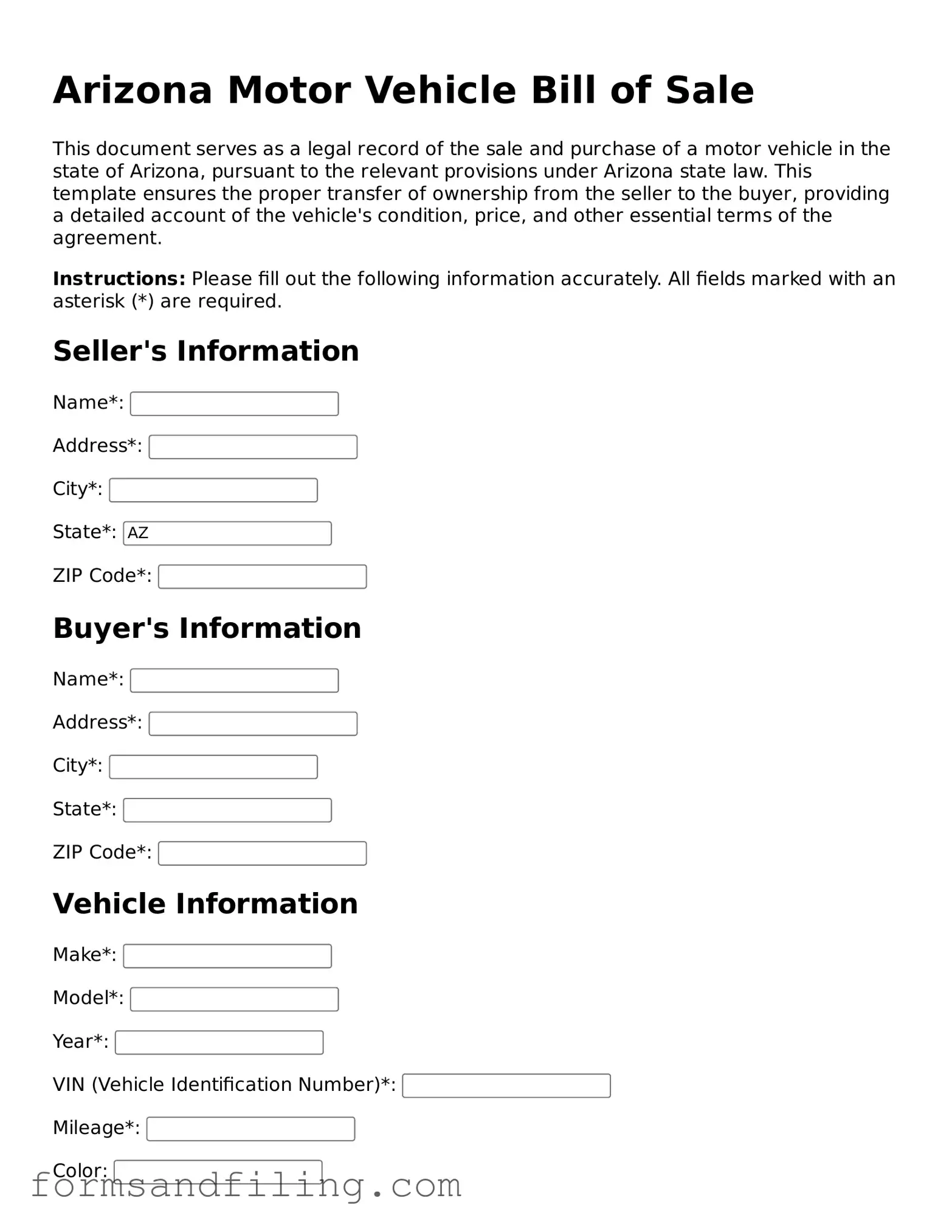 Free Arizona Motor Vehicle Bill of Sale Template