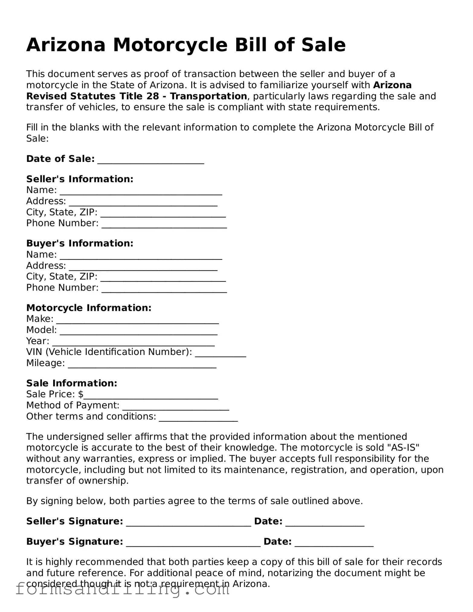 Free Arizona Motorcycle Bill of Sale Template