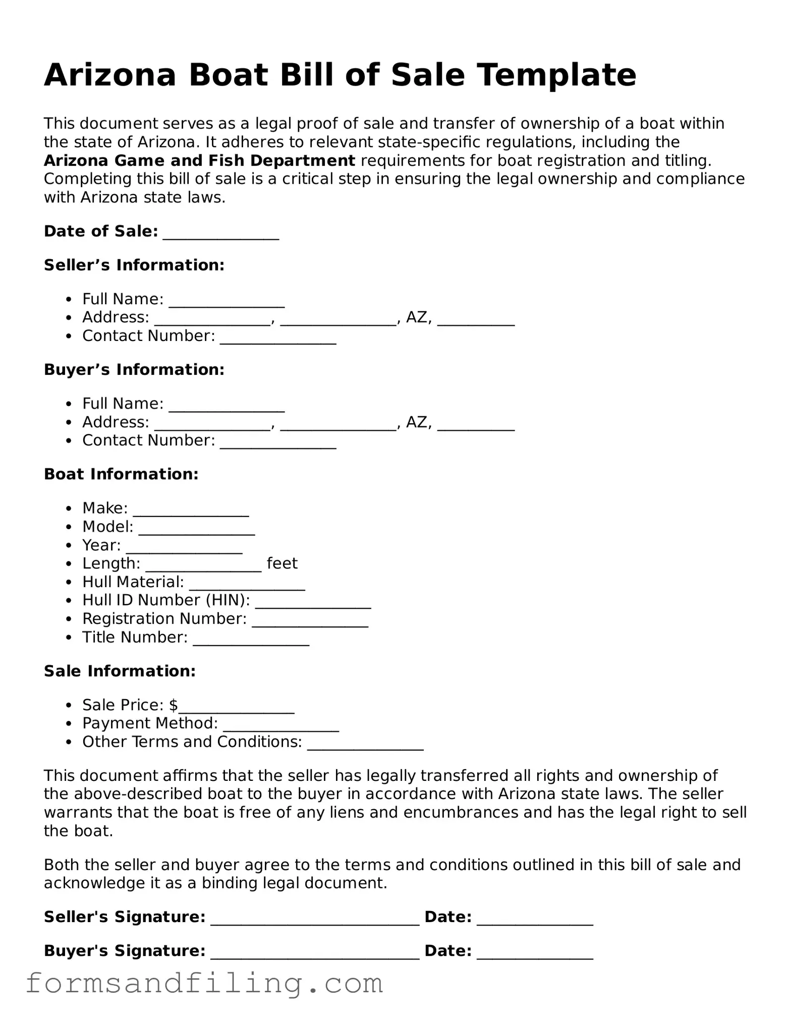 Free Arizona Boat Bill of Sale Template