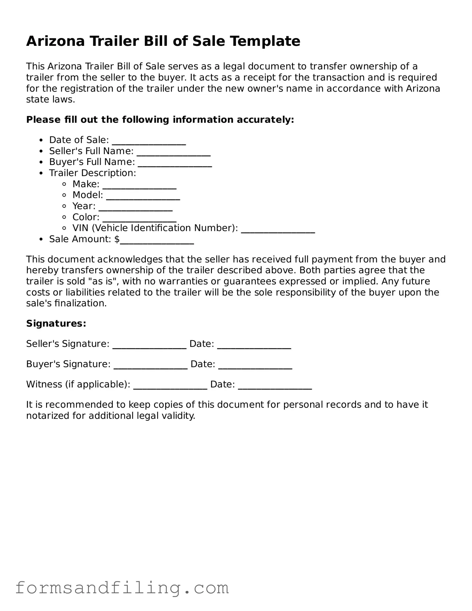 Free Arizona Trailer Bill of Sale Template