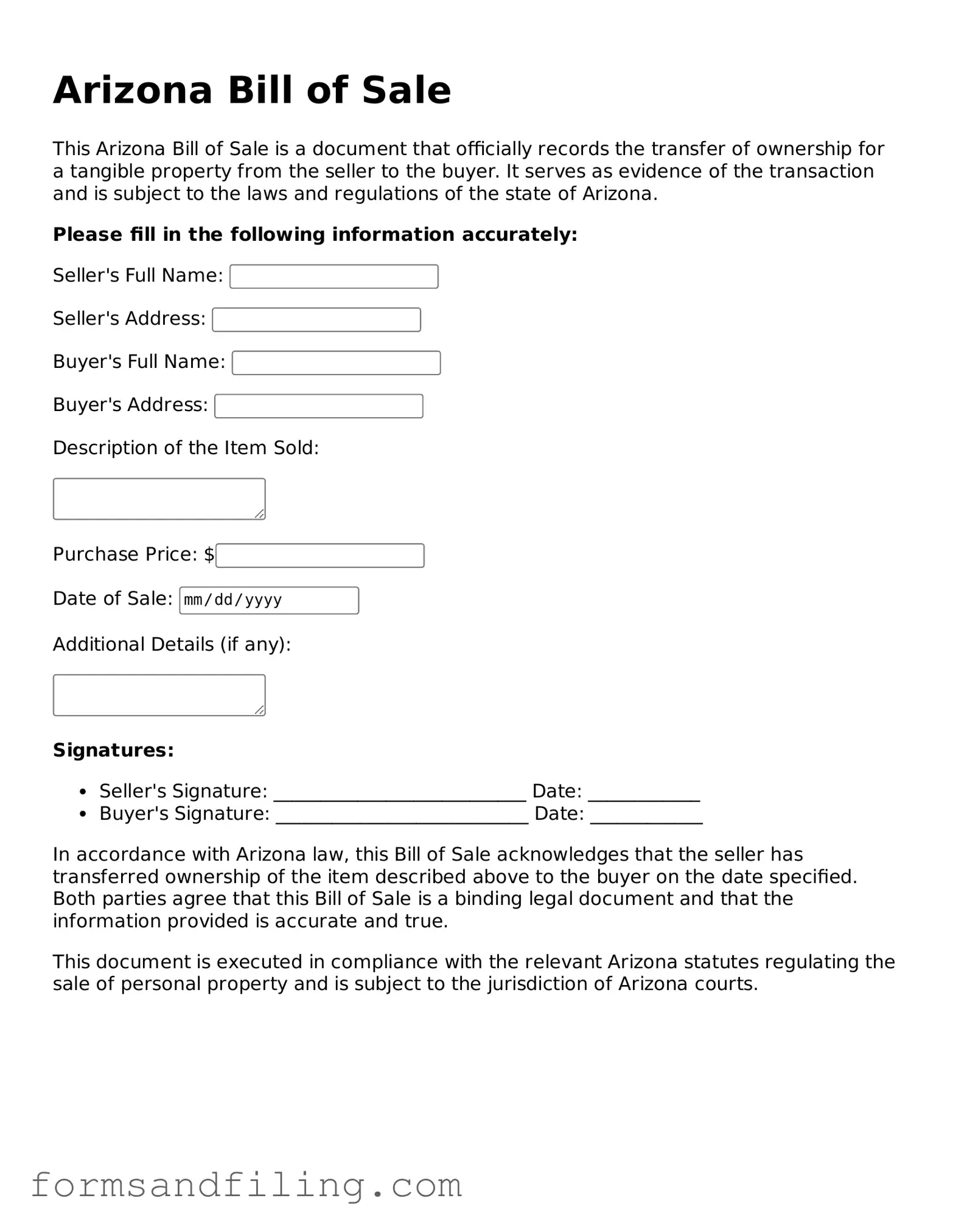 Free Arizona Bill of Sale Template