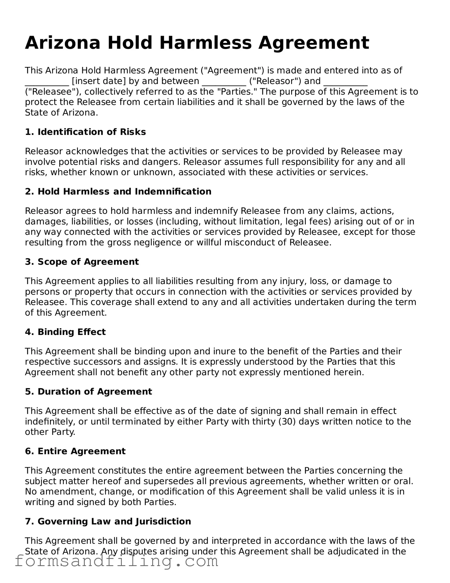 Free Arizona Hold Harmless Agreement Template