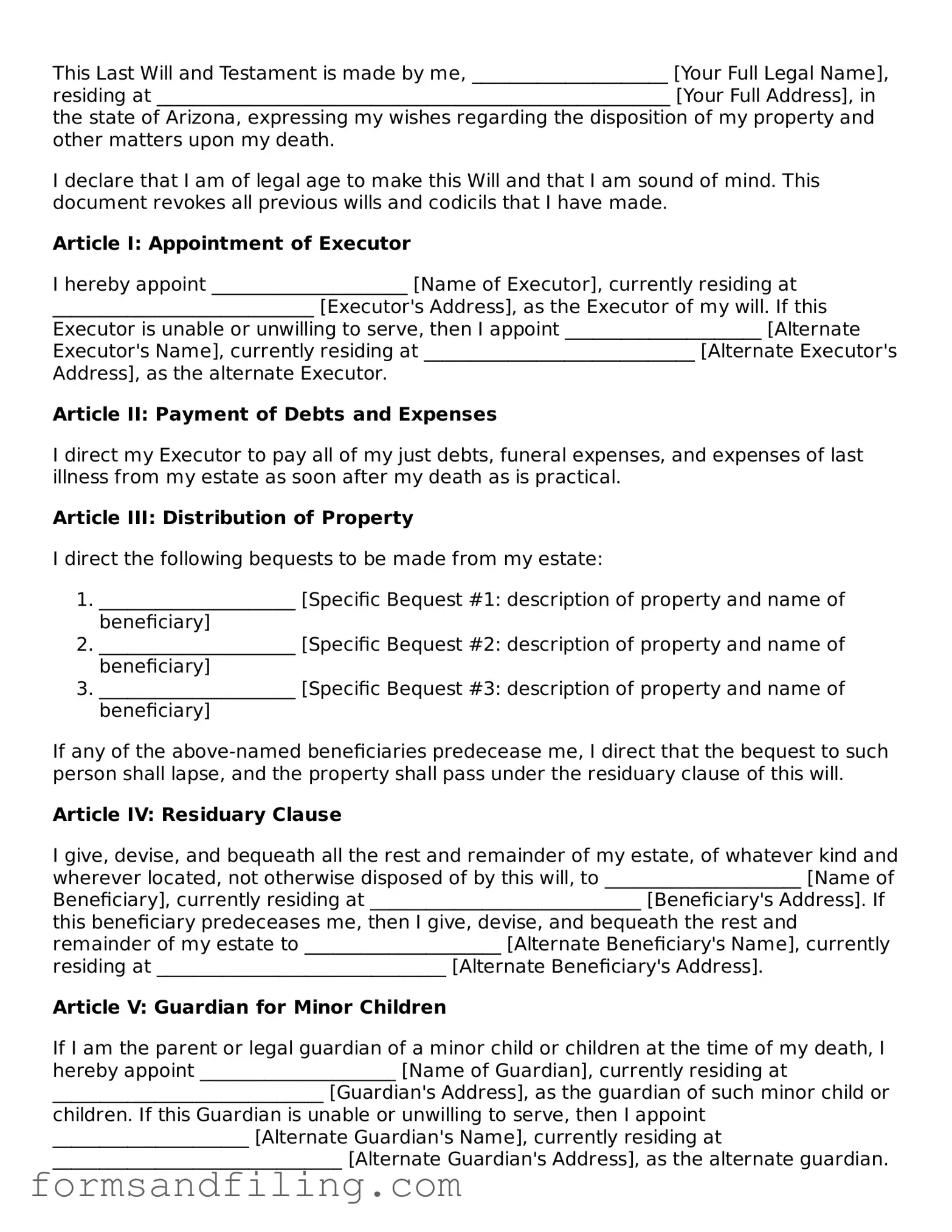 Free Arizona Last Will and Testament Template