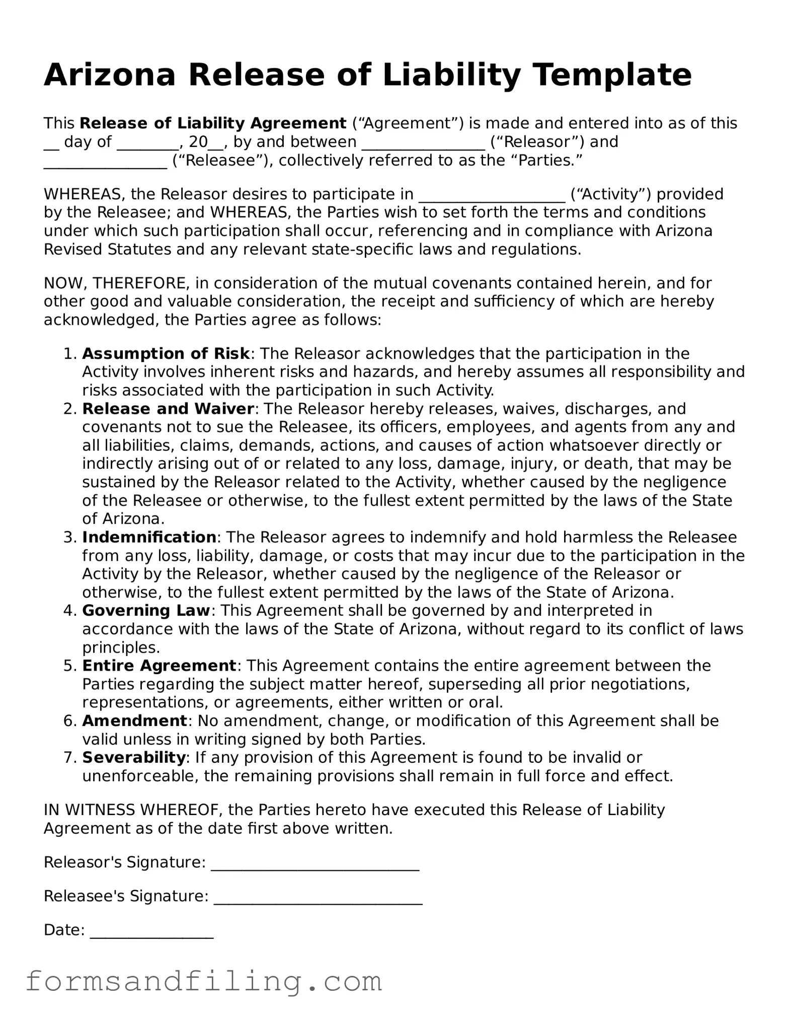 Free Arizona Release of Liability Template