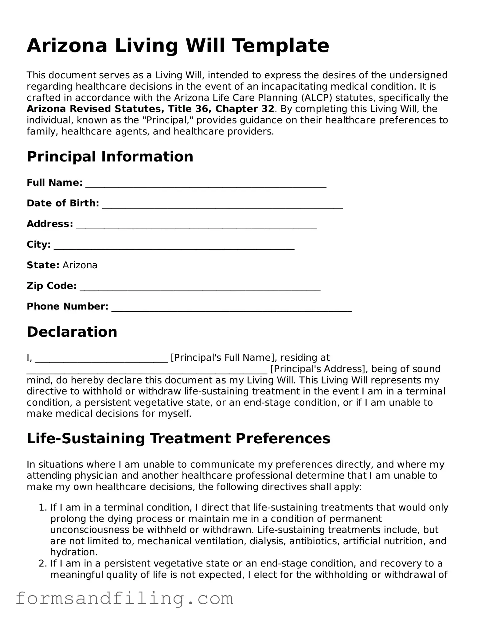 Free Arizona Living Will Template