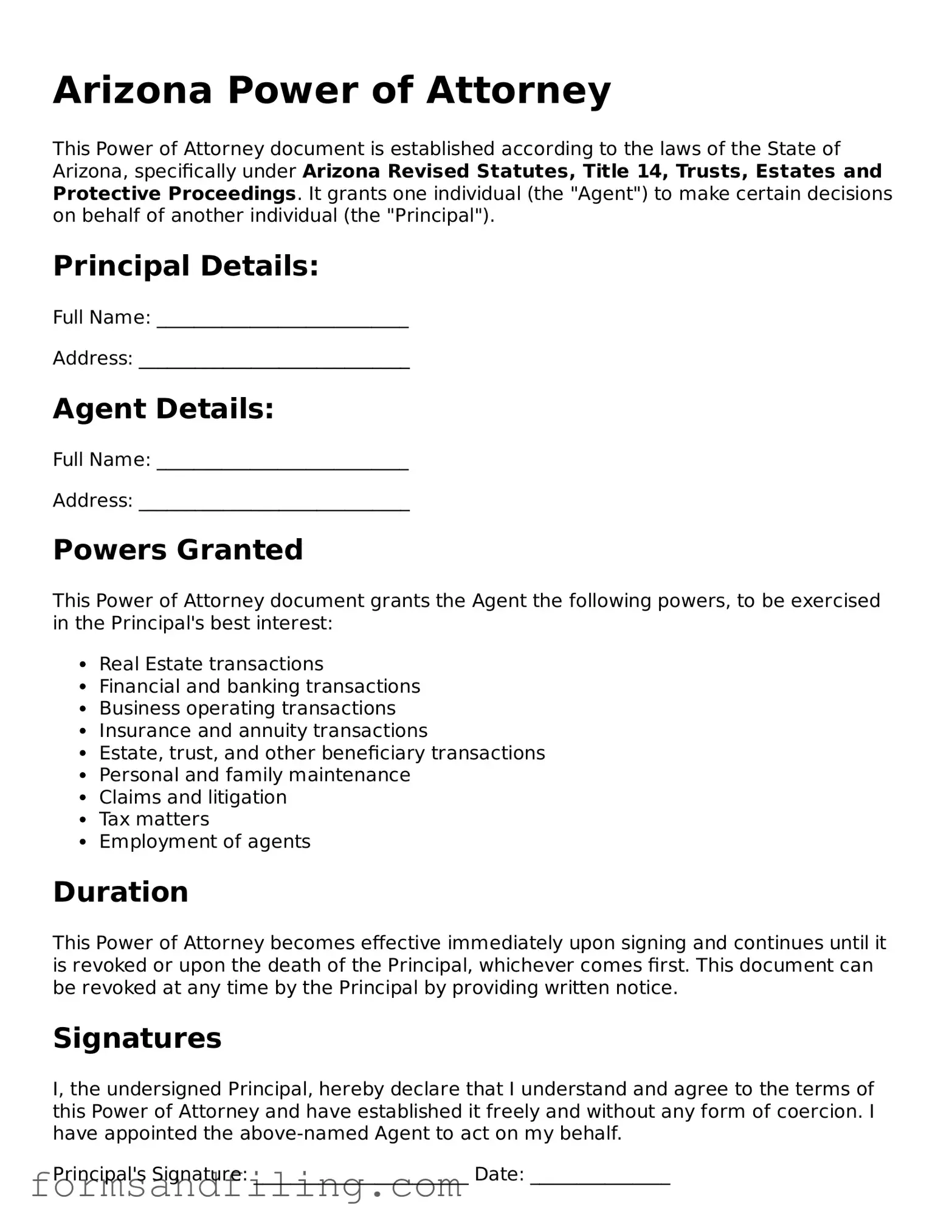 Free Arizona Power of Attorney Template