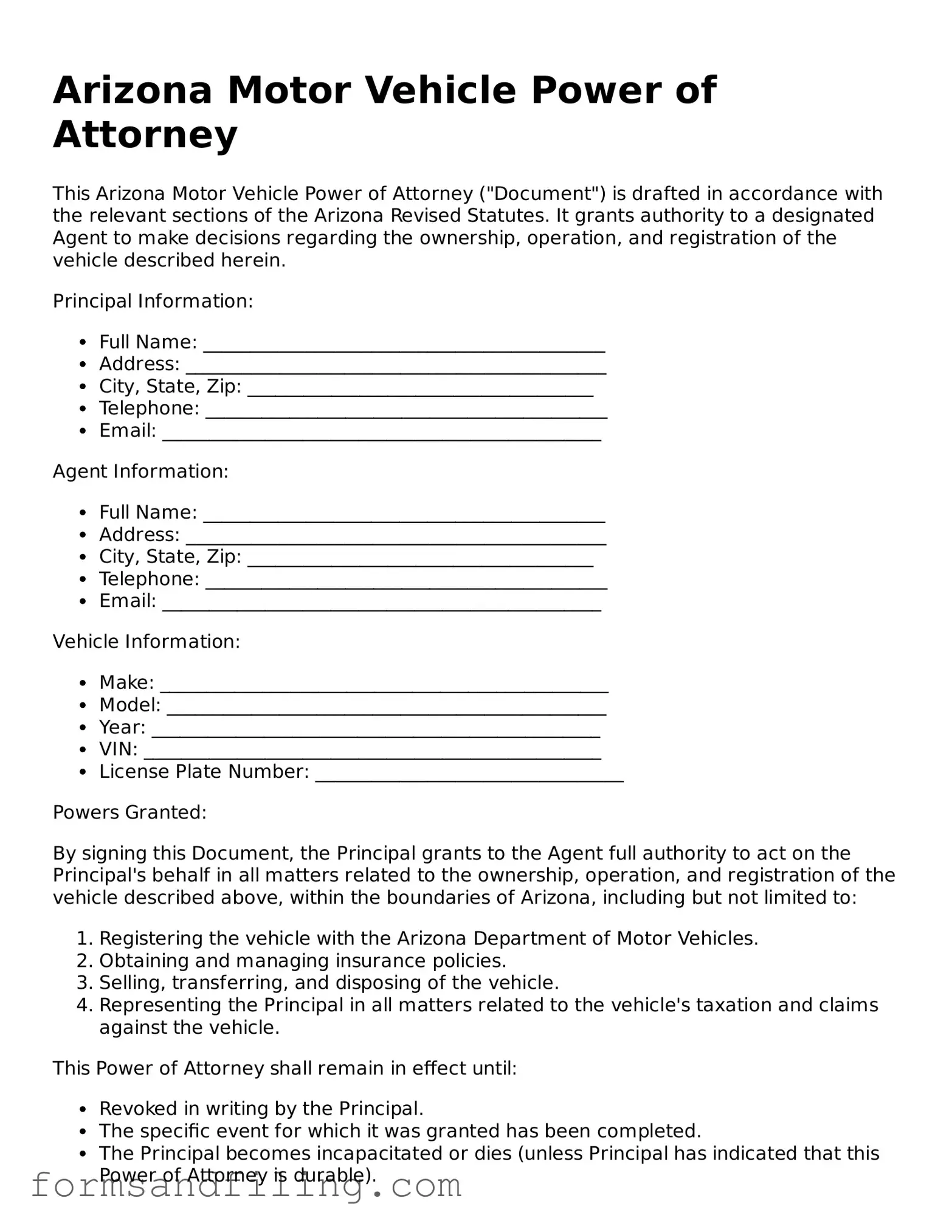Free Arizona Motor Vehicle Power of Attorney Template