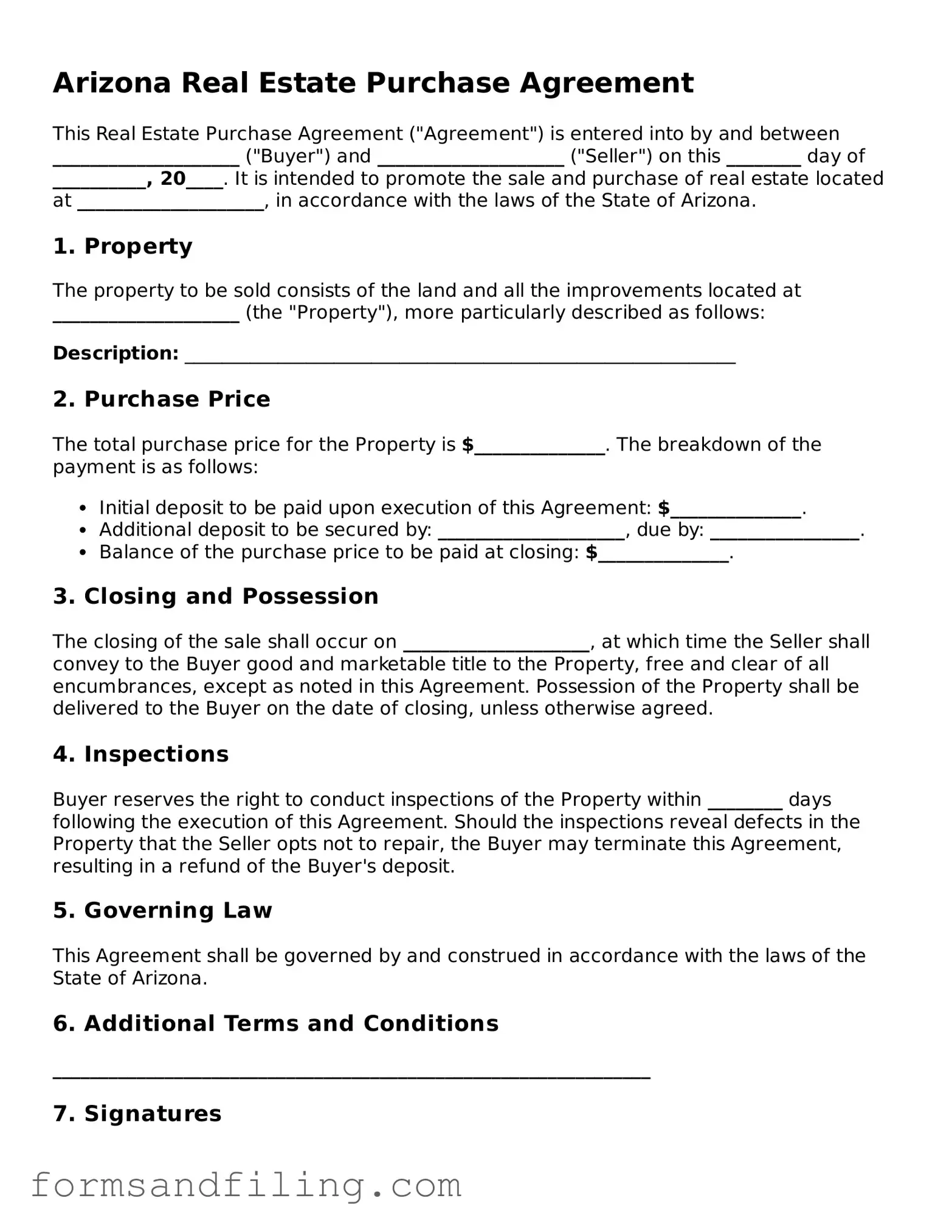 Free Arizona Real Estate Purchase Agreement Template