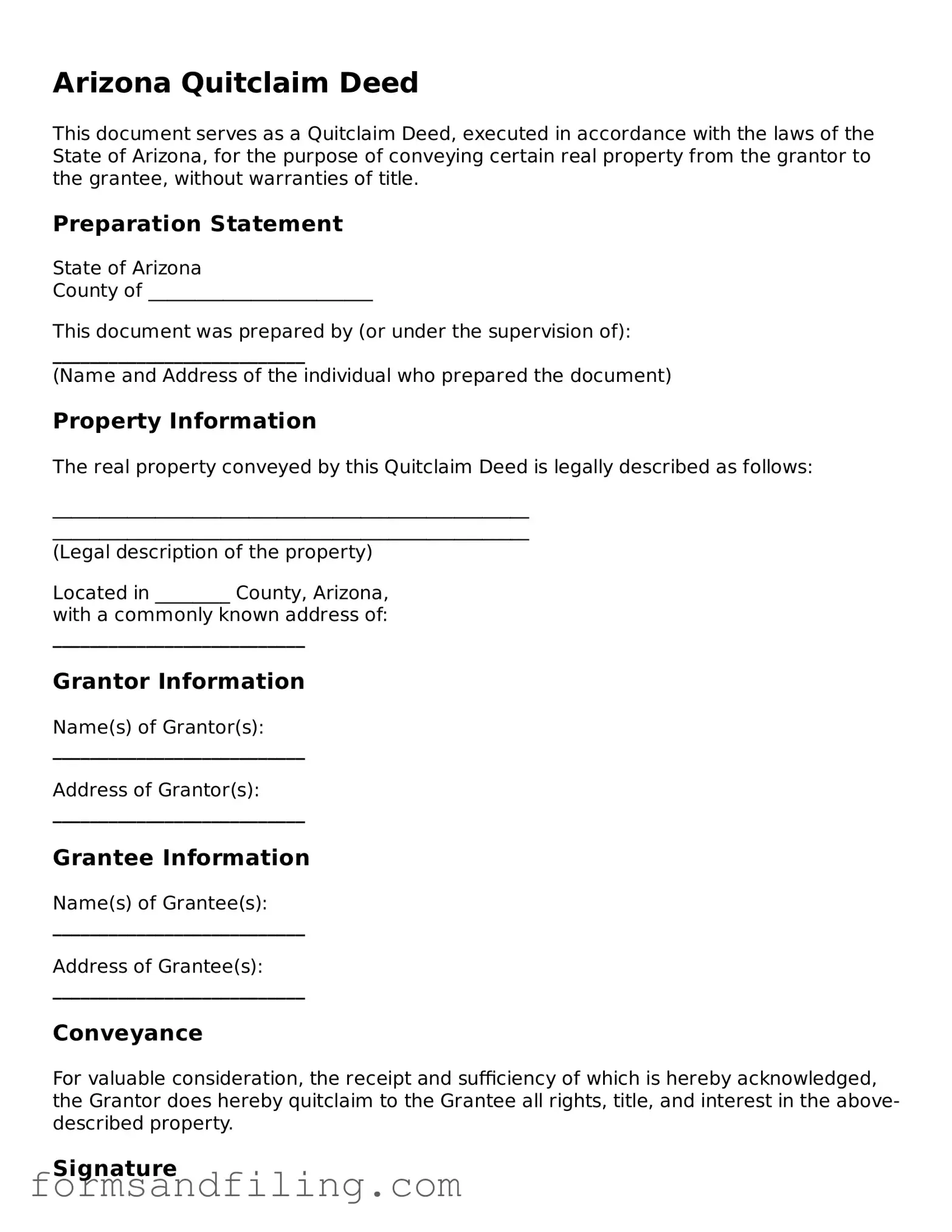 Free Arizona Quitclaim Deed Template