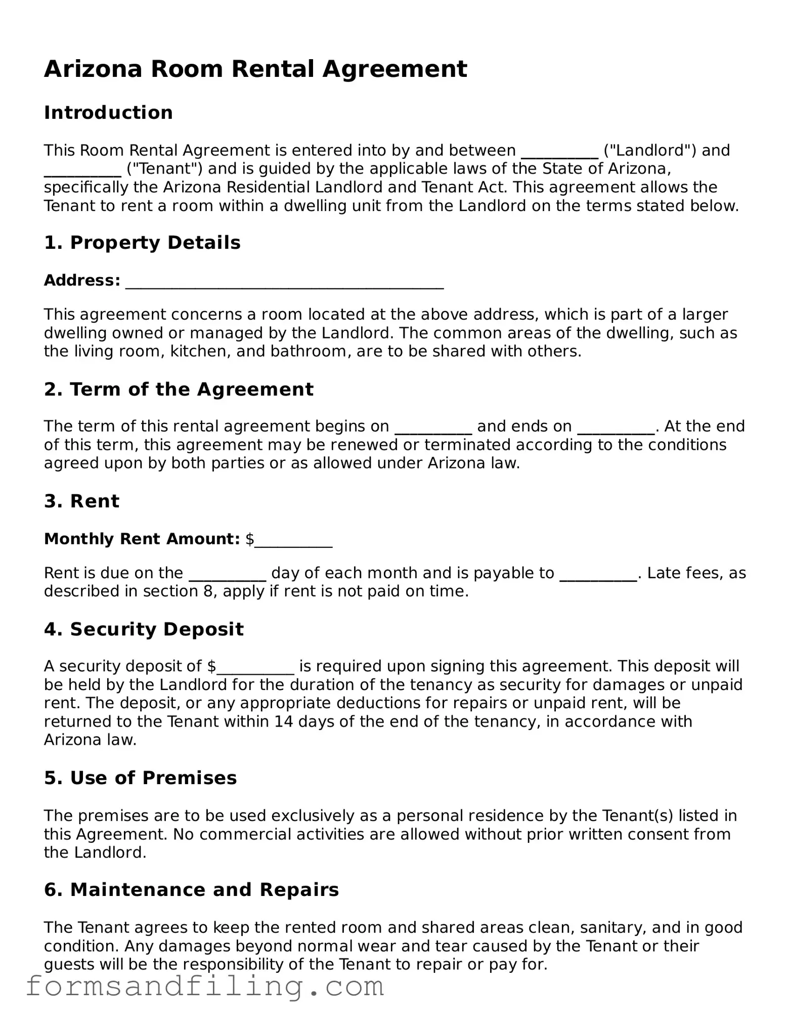 Free Arizona Room Rental Agreement Template