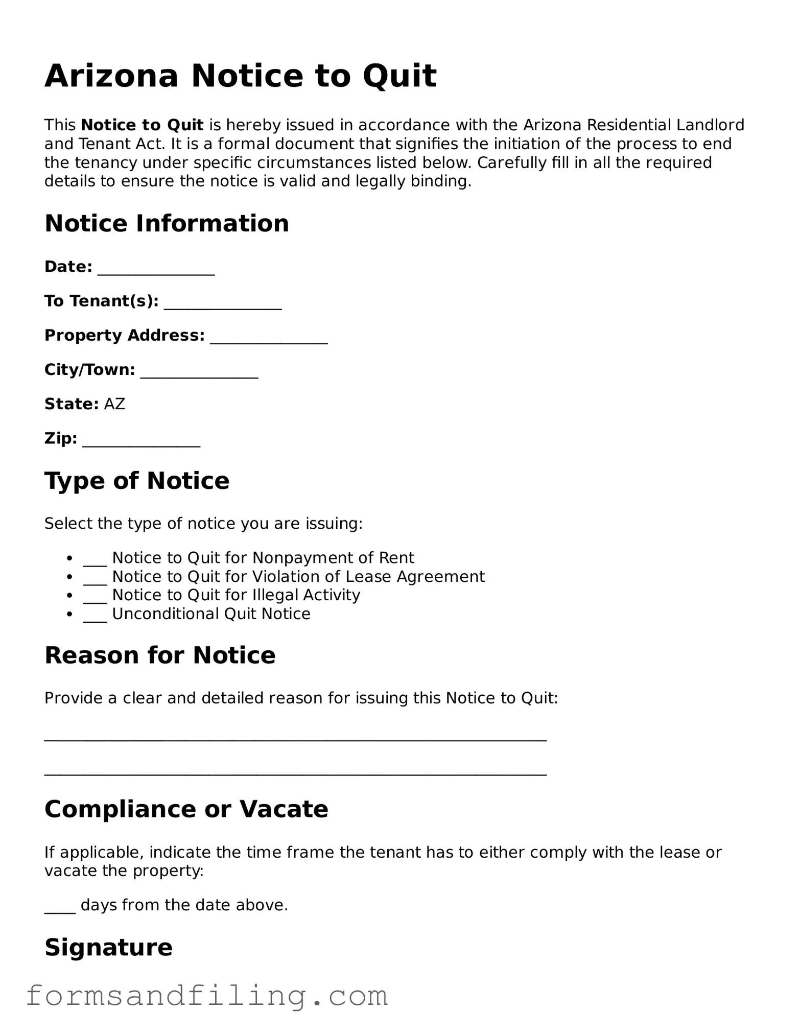 Free Arizona Notice to Quit Template