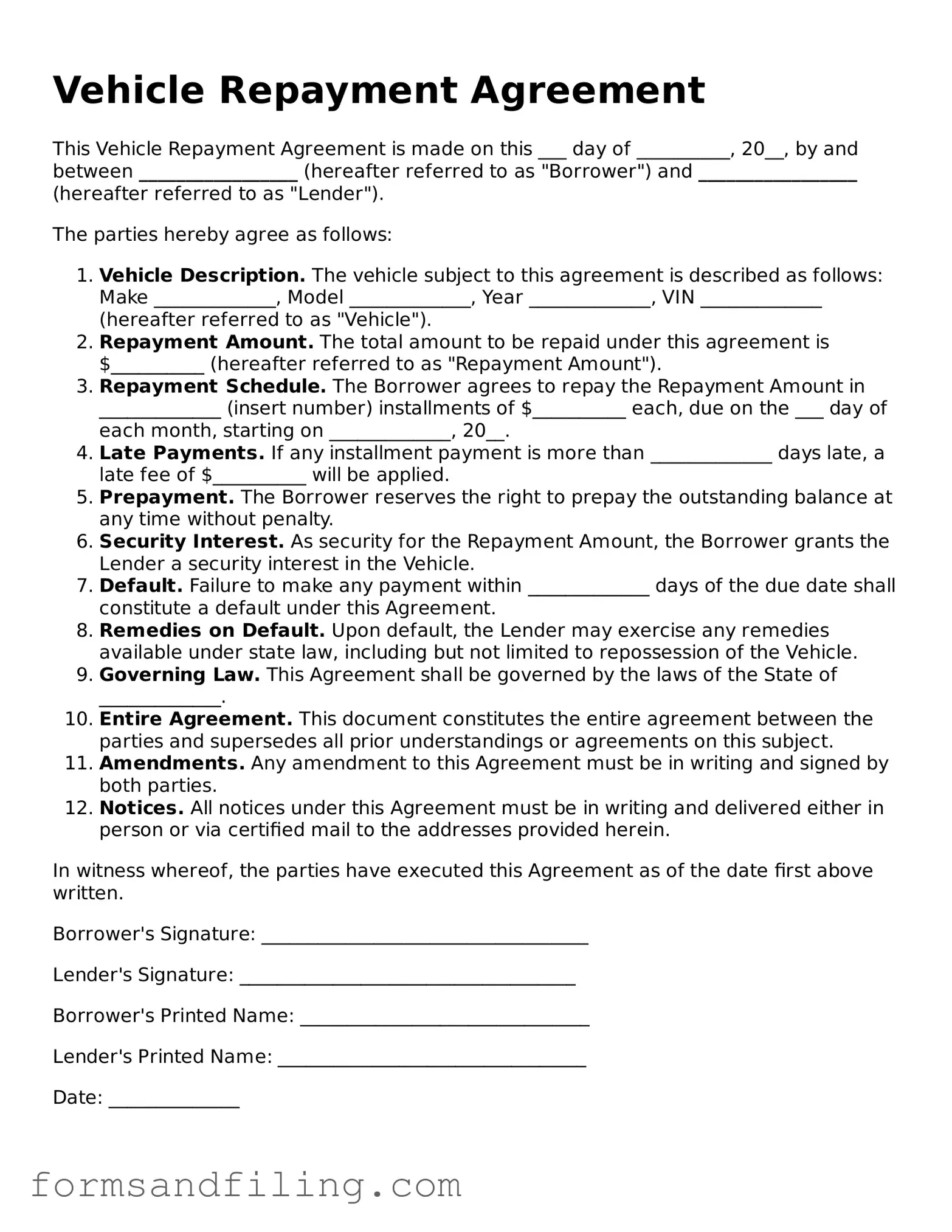 Free Vehicle Repayment Agreement Template