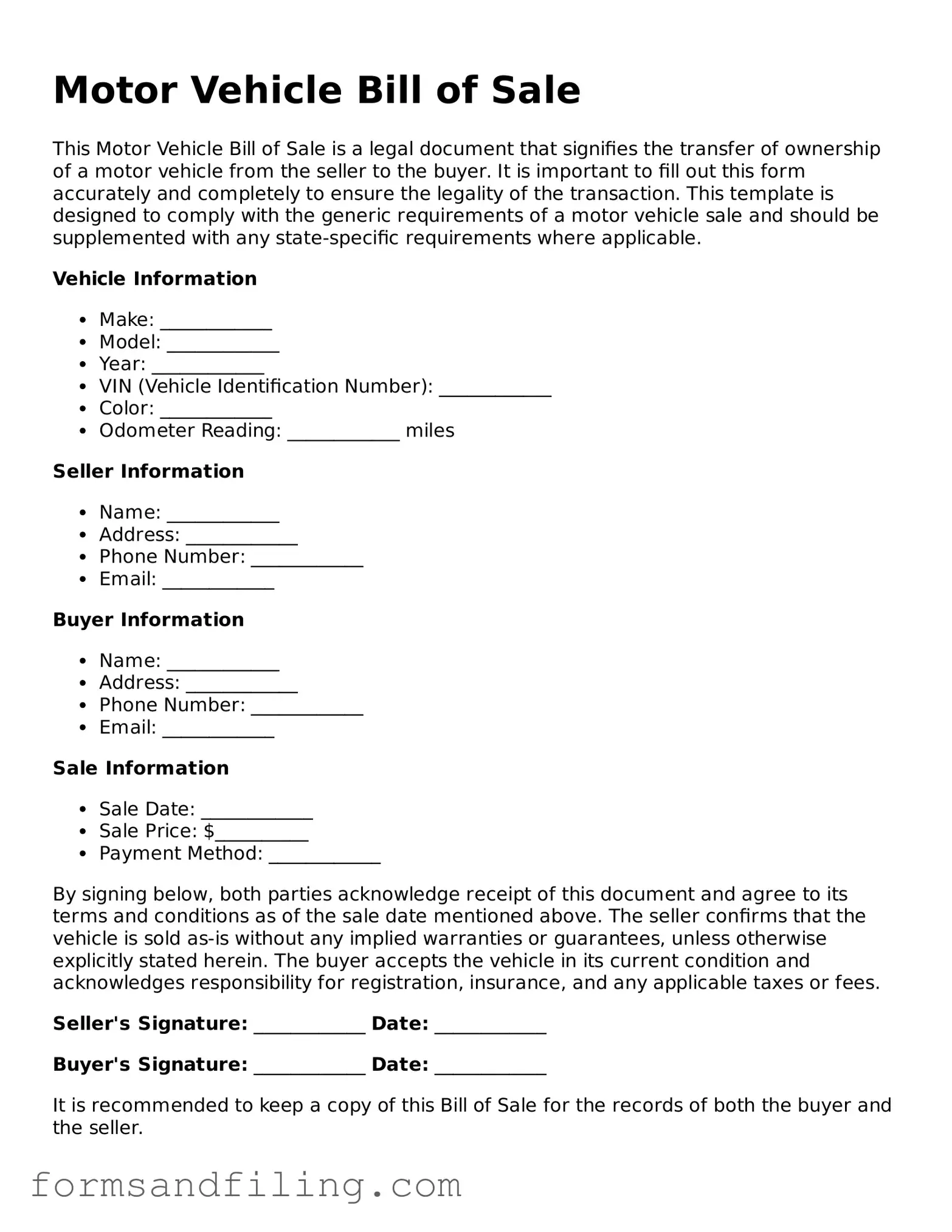 Free Motor Vehicle Bill of Sale Template