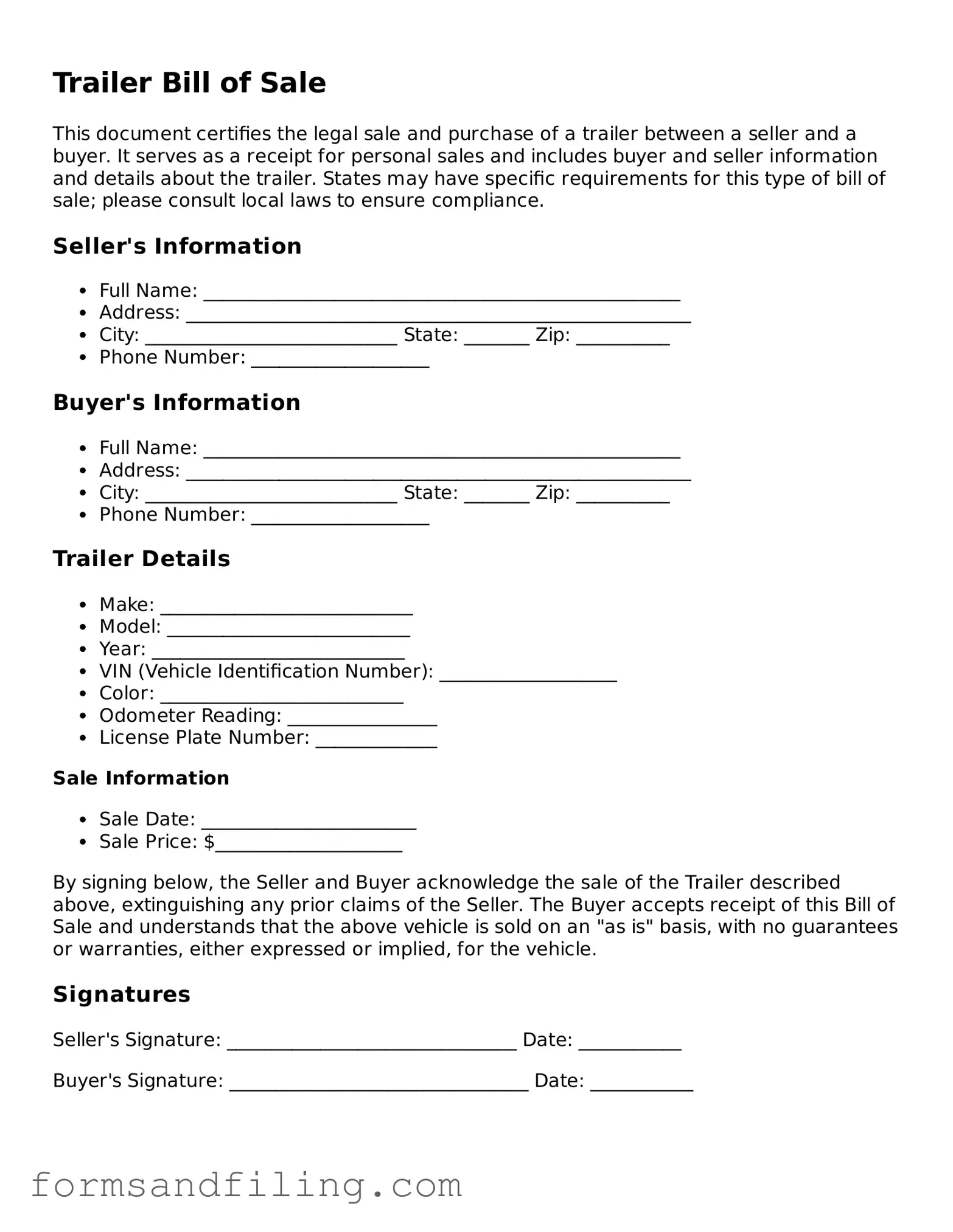 Free Trailer Bill of Sale Template