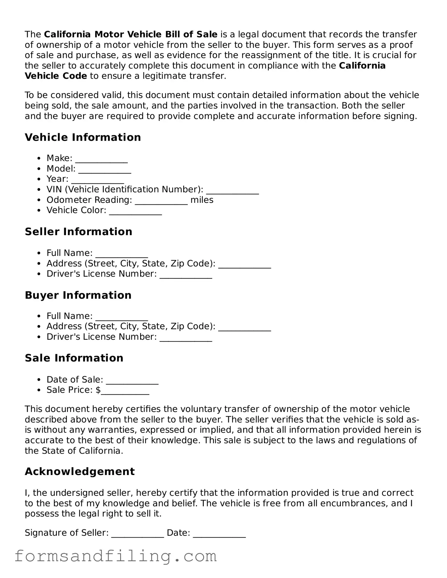 Free California Motor Vehicle Bill of Sale Template