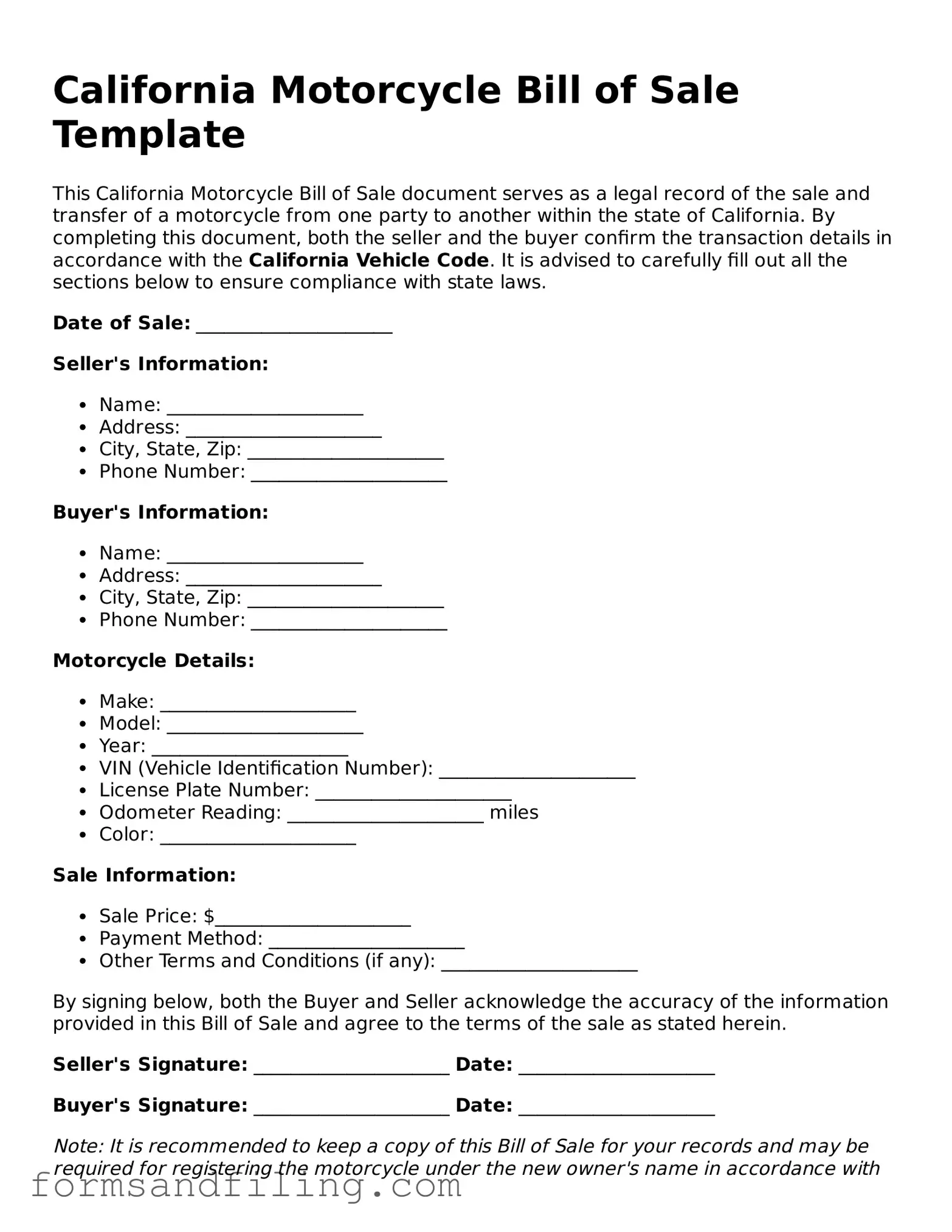Free California Motorcycle Bill of Sale Template