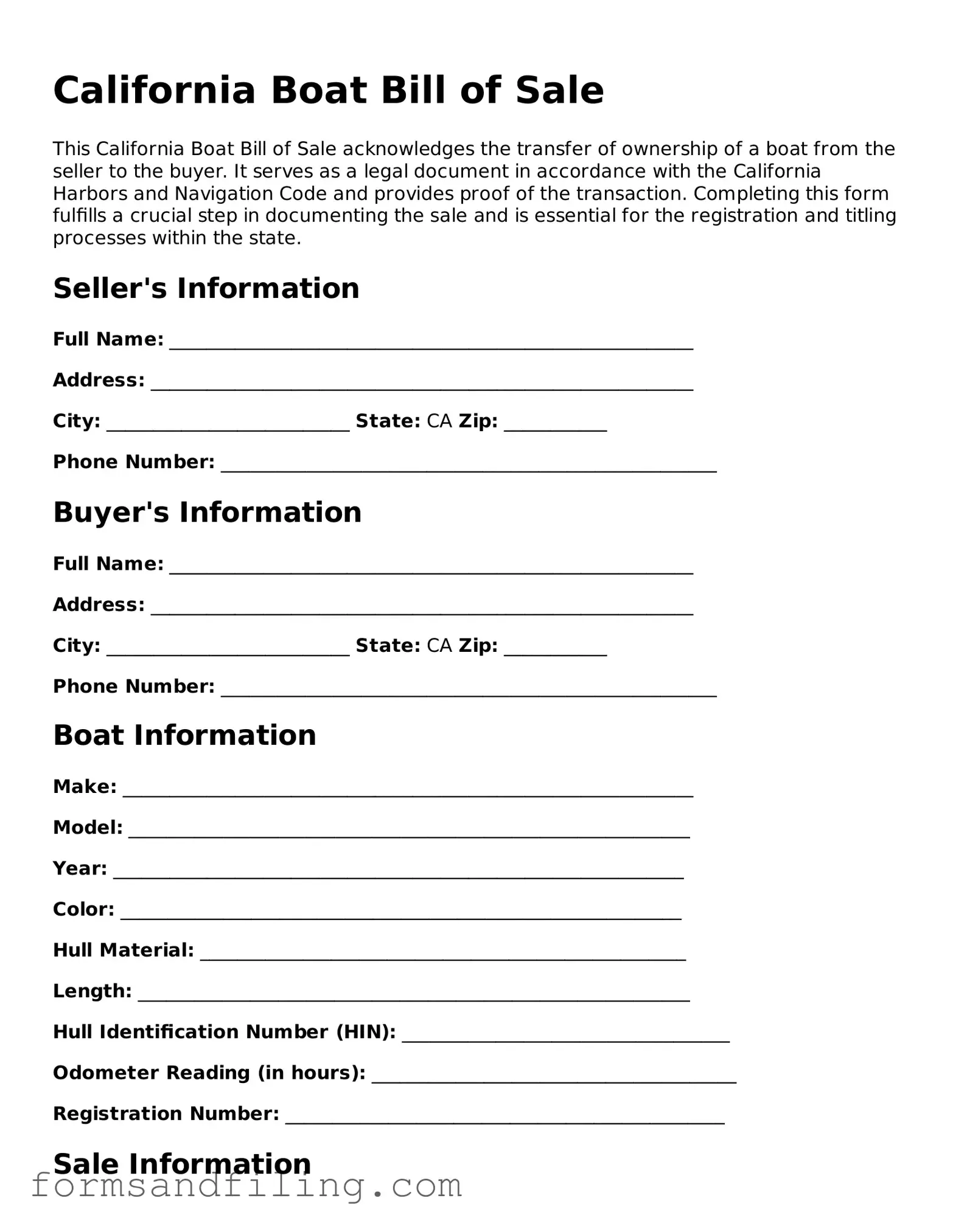 Free California Boat Bill of Sale Template
