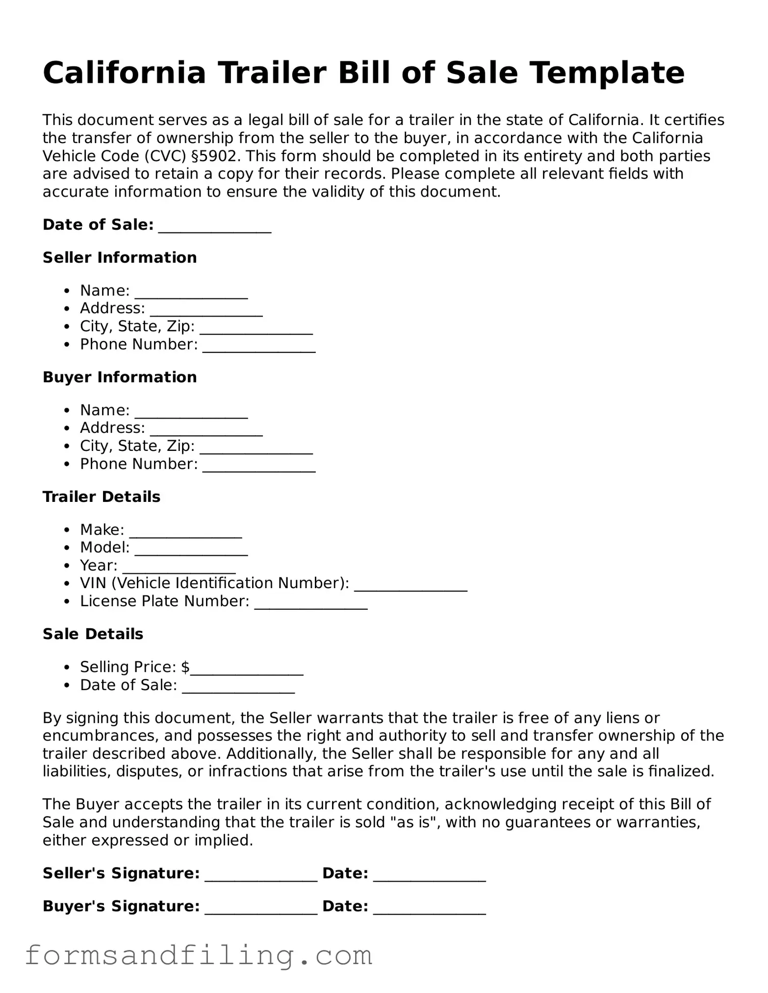 Free California Trailer Bill of Sale Template
