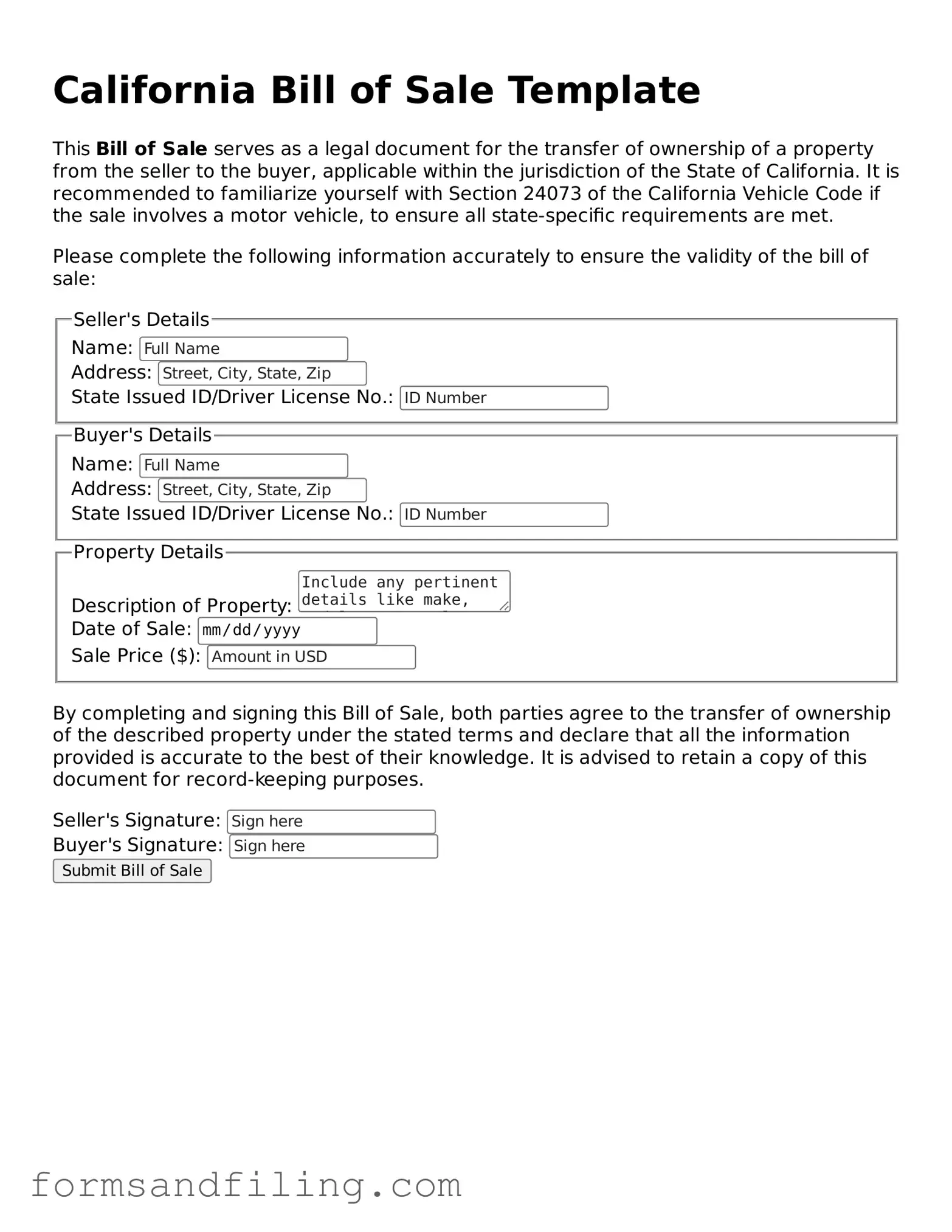 Free California Bill of Sale Template