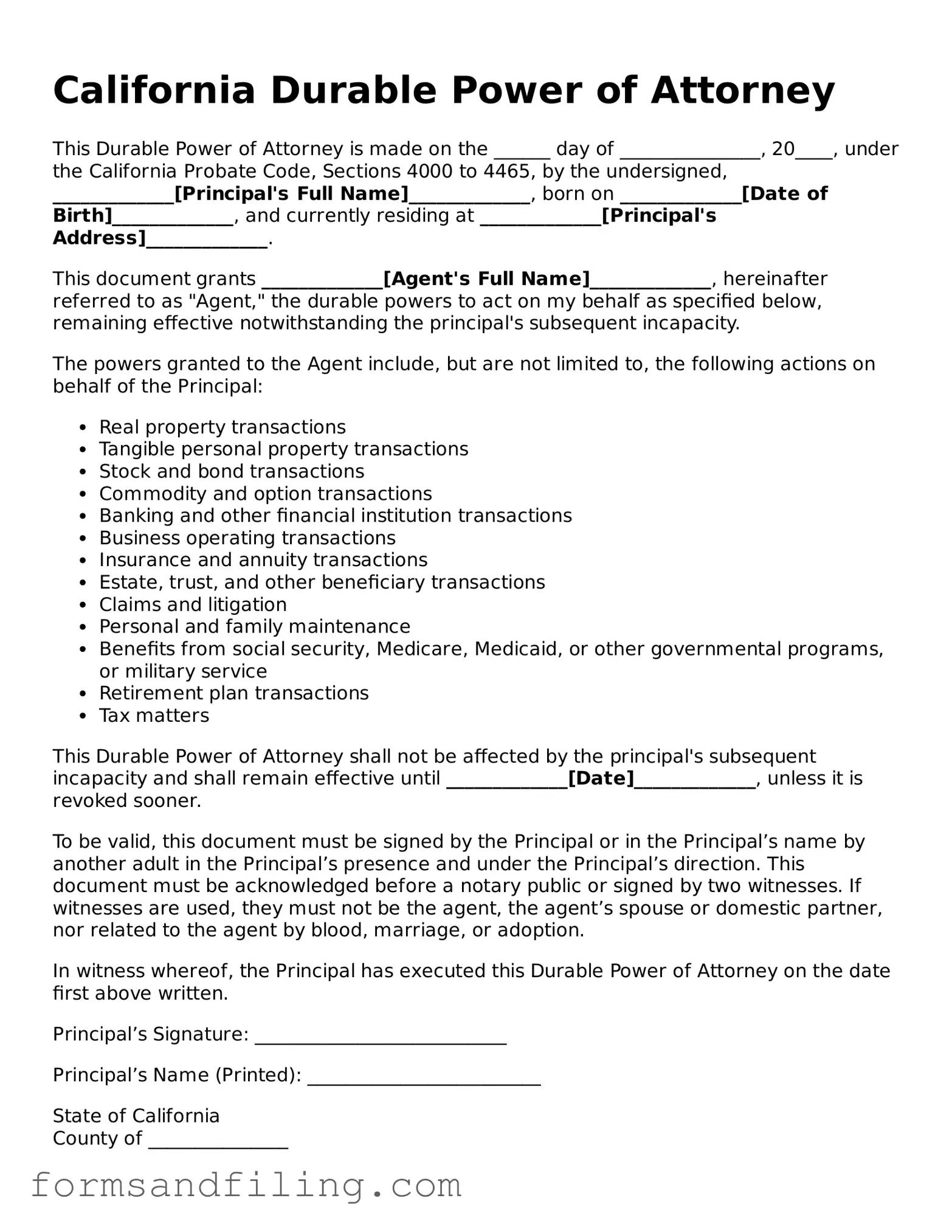 Free California Durable Power of Attorney Template