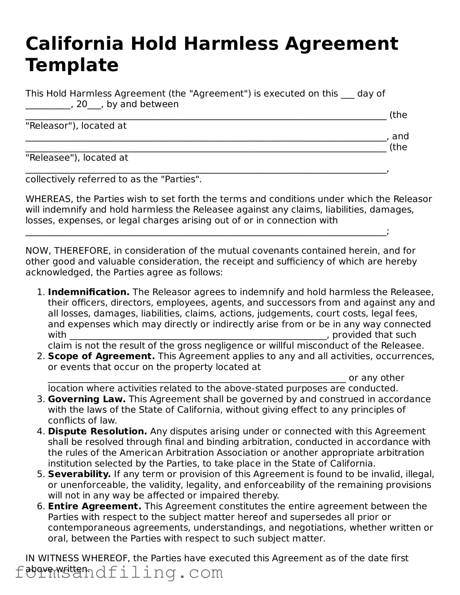 Free California Hold Harmless Agreement Template