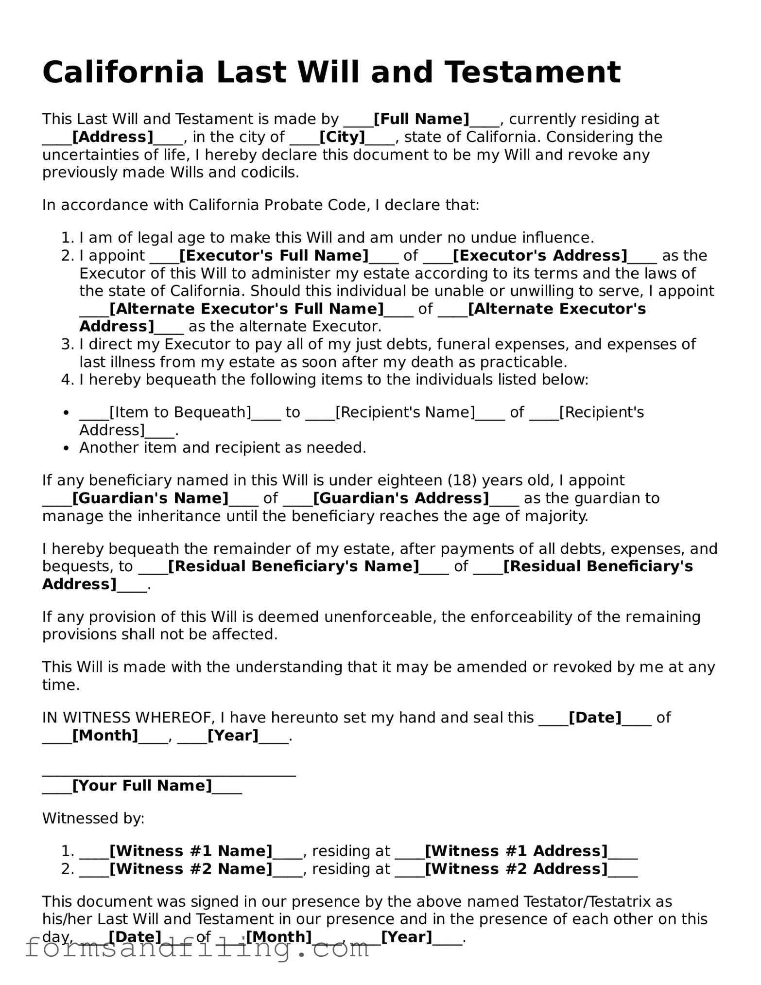 Free California Last Will and Testament Template