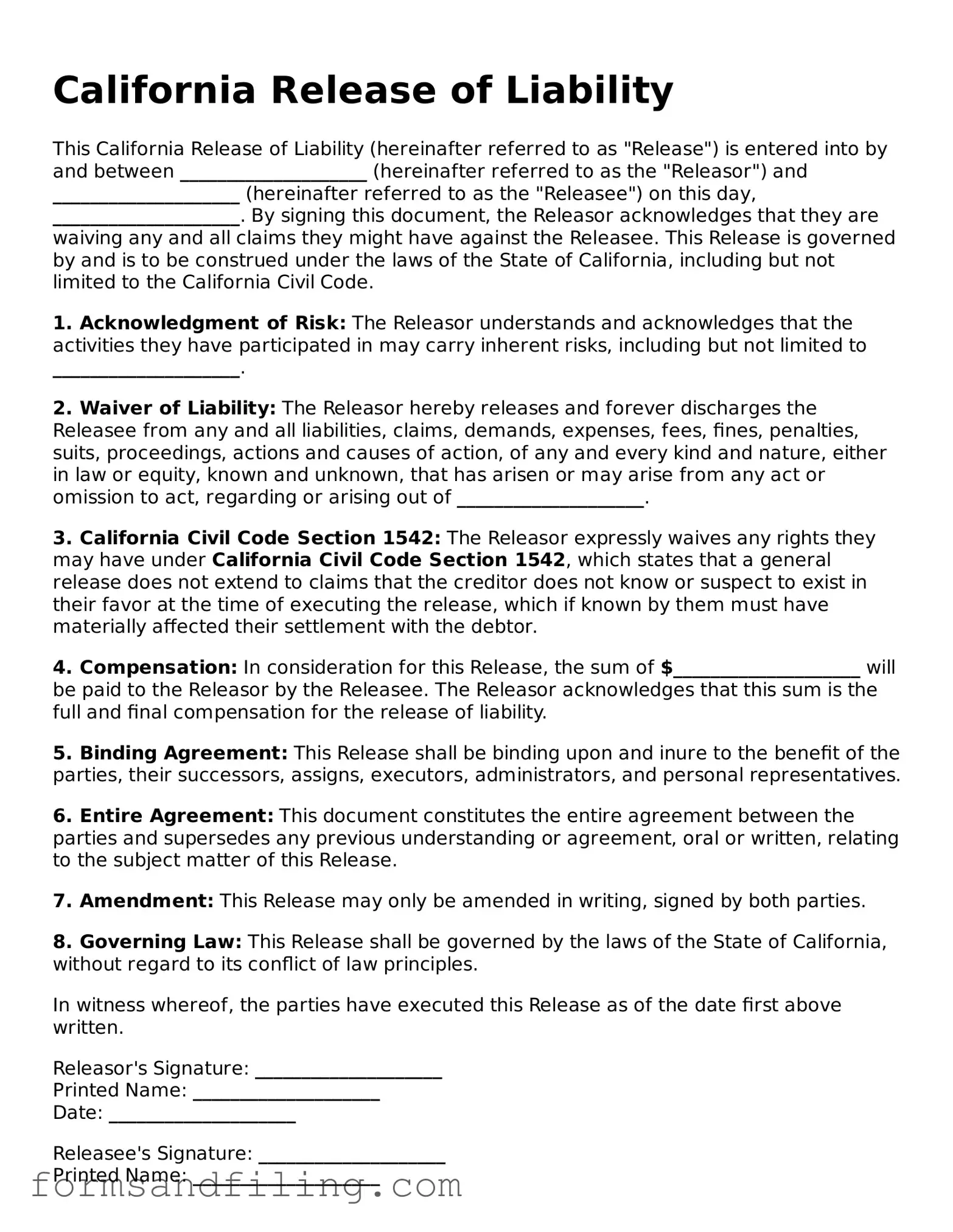 Free California Release of Liability Template