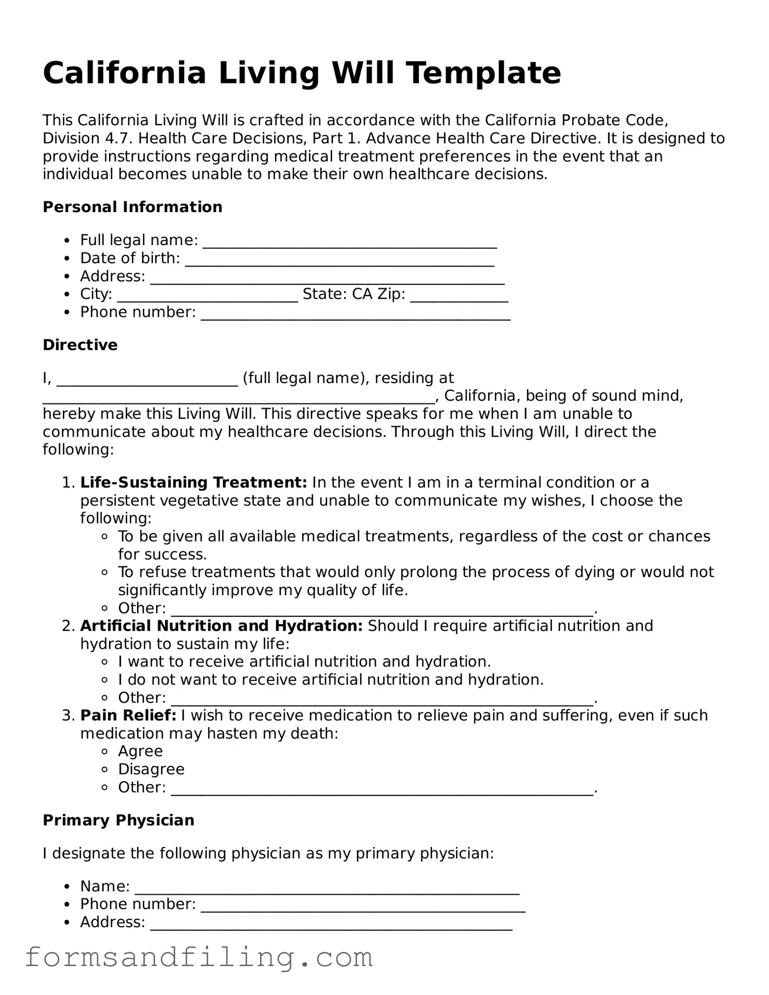 Free California Living Will Template