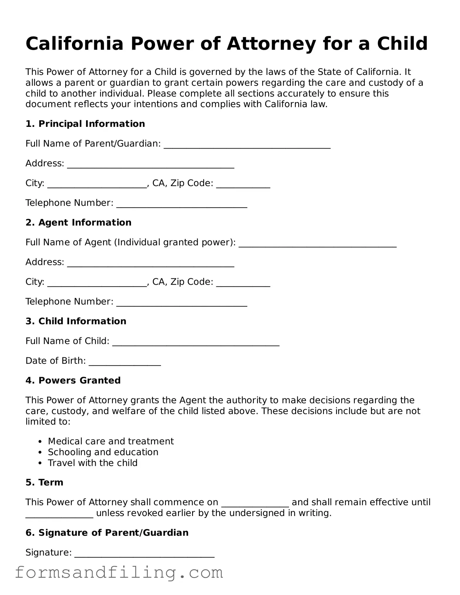 Free California Power of Attorney for a Child Template