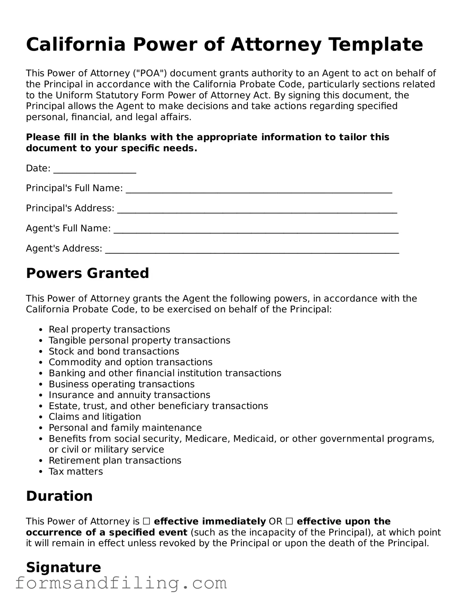 Free California Power of Attorney Template