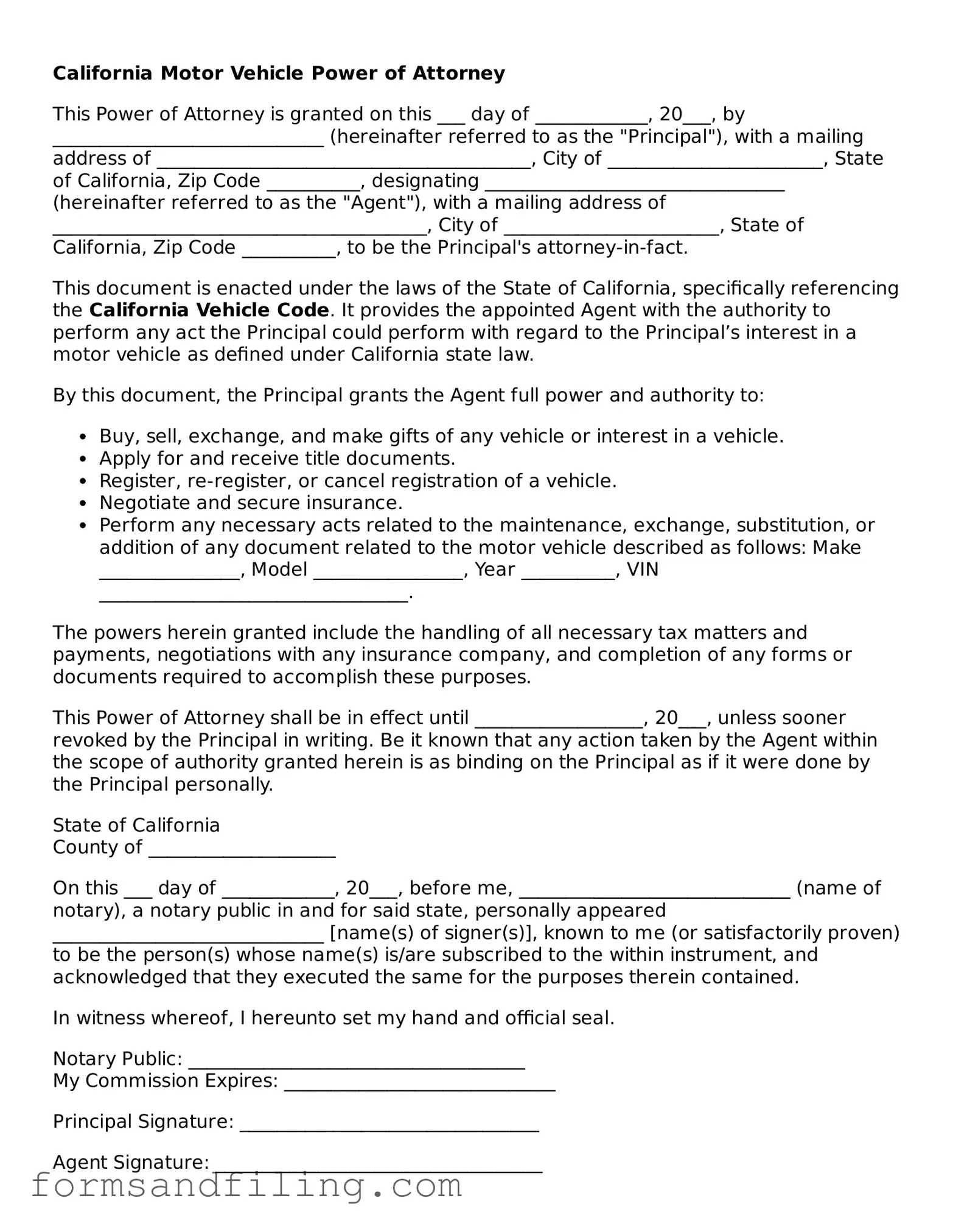 Free California Motor Vehicle Power of Attorney Template