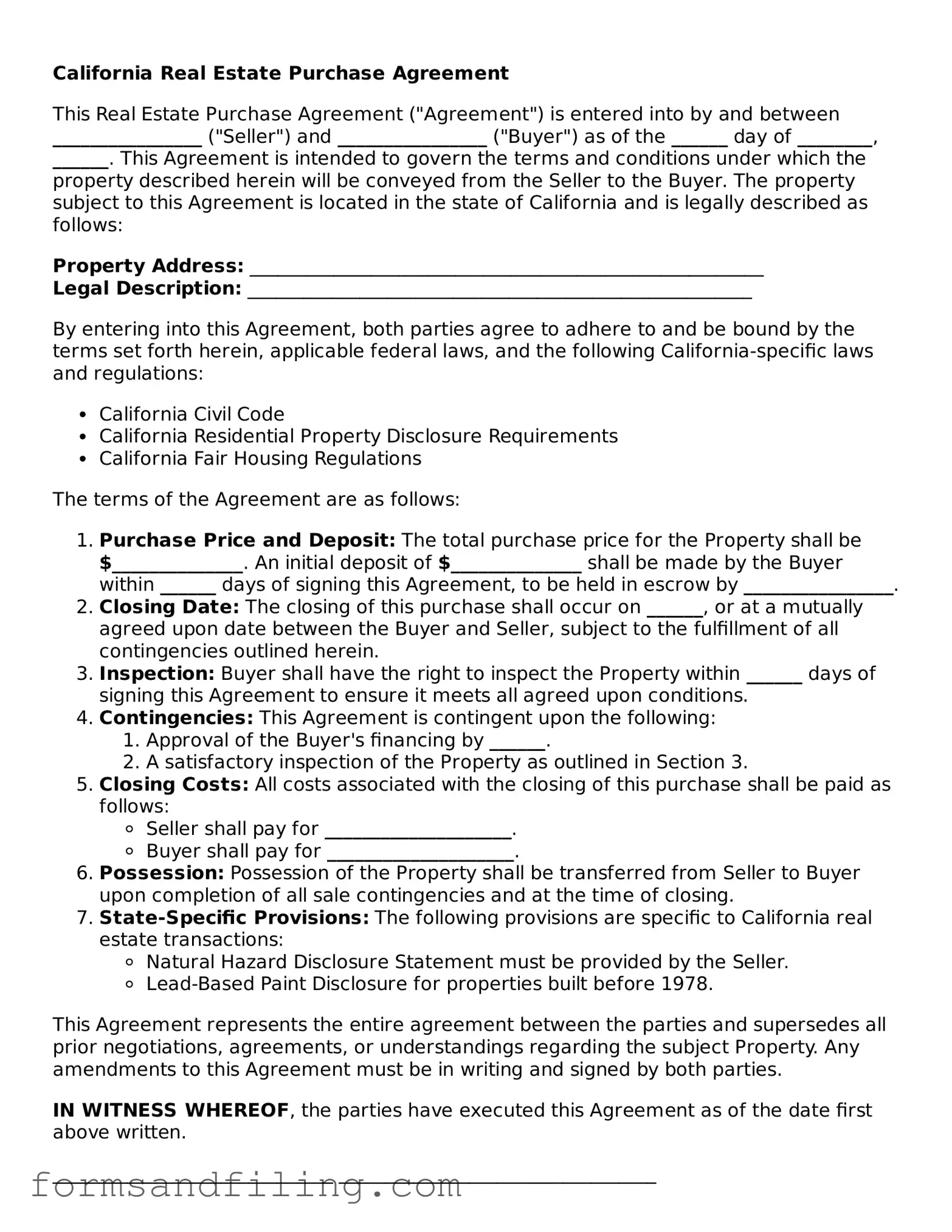 Free California Real Estate Purchase Agreement Template