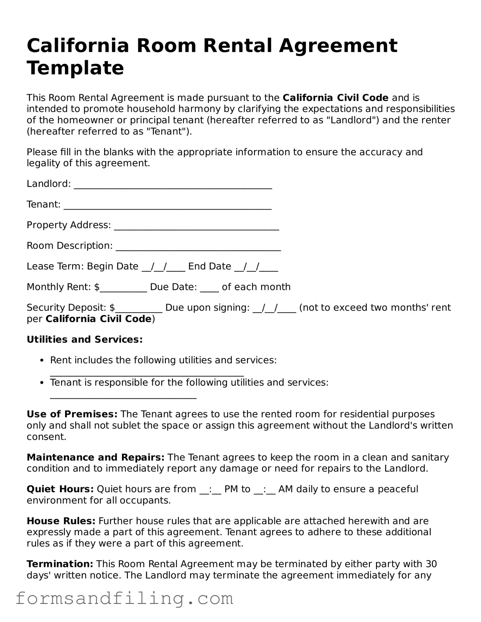 Free California Room Rental Agreement Template