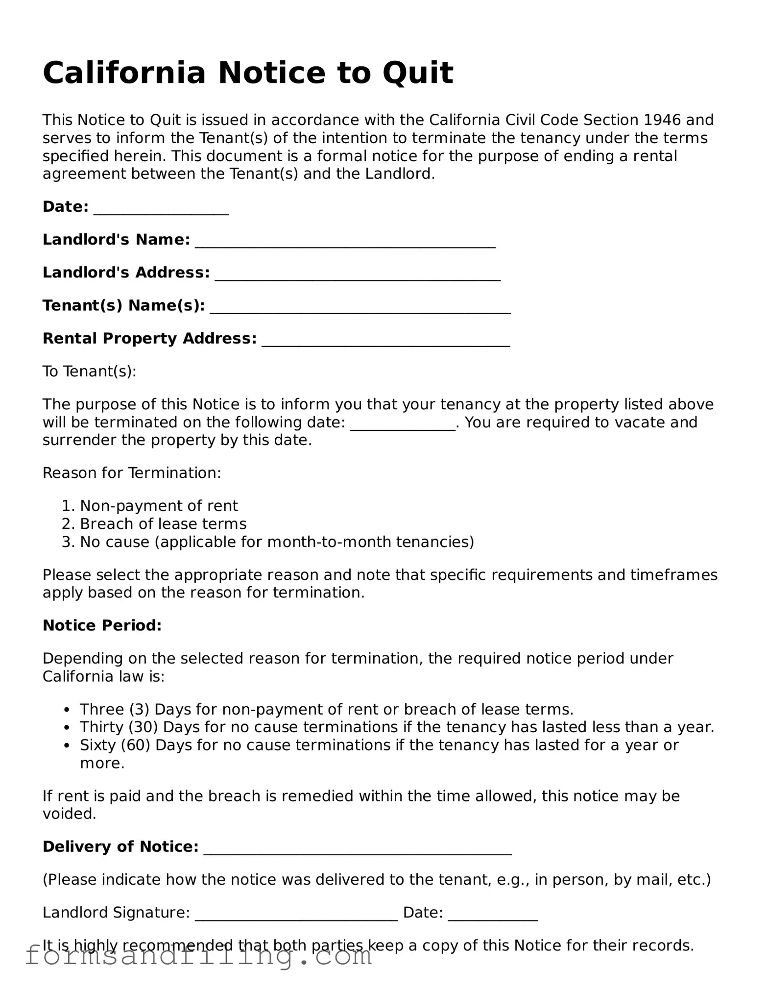 Free California Notice to Quit Template