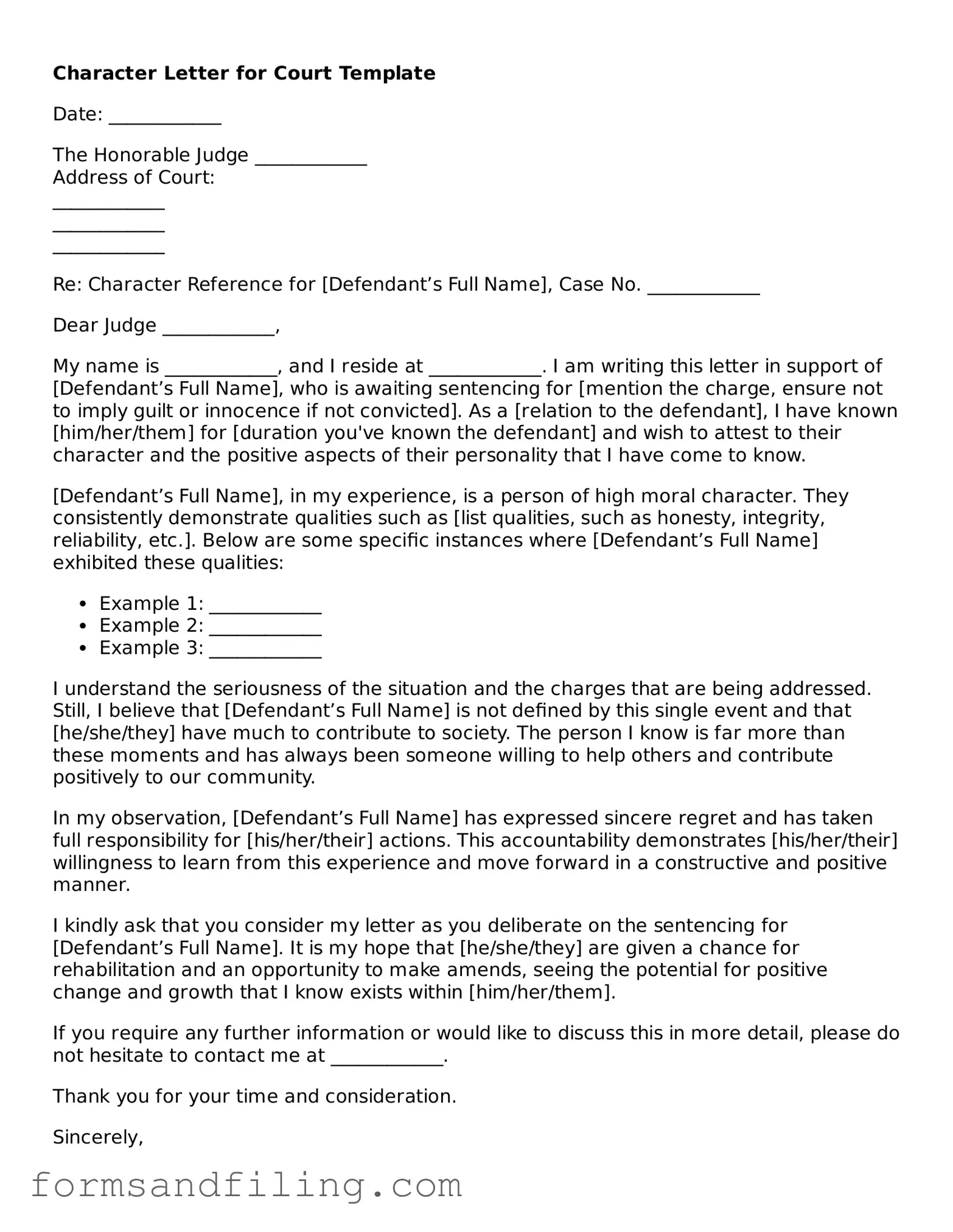 Free Character Letter for Court Template