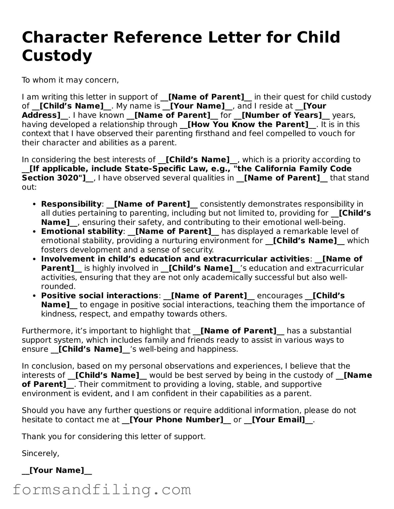 Free Character Reference Letter for Child Custody Template