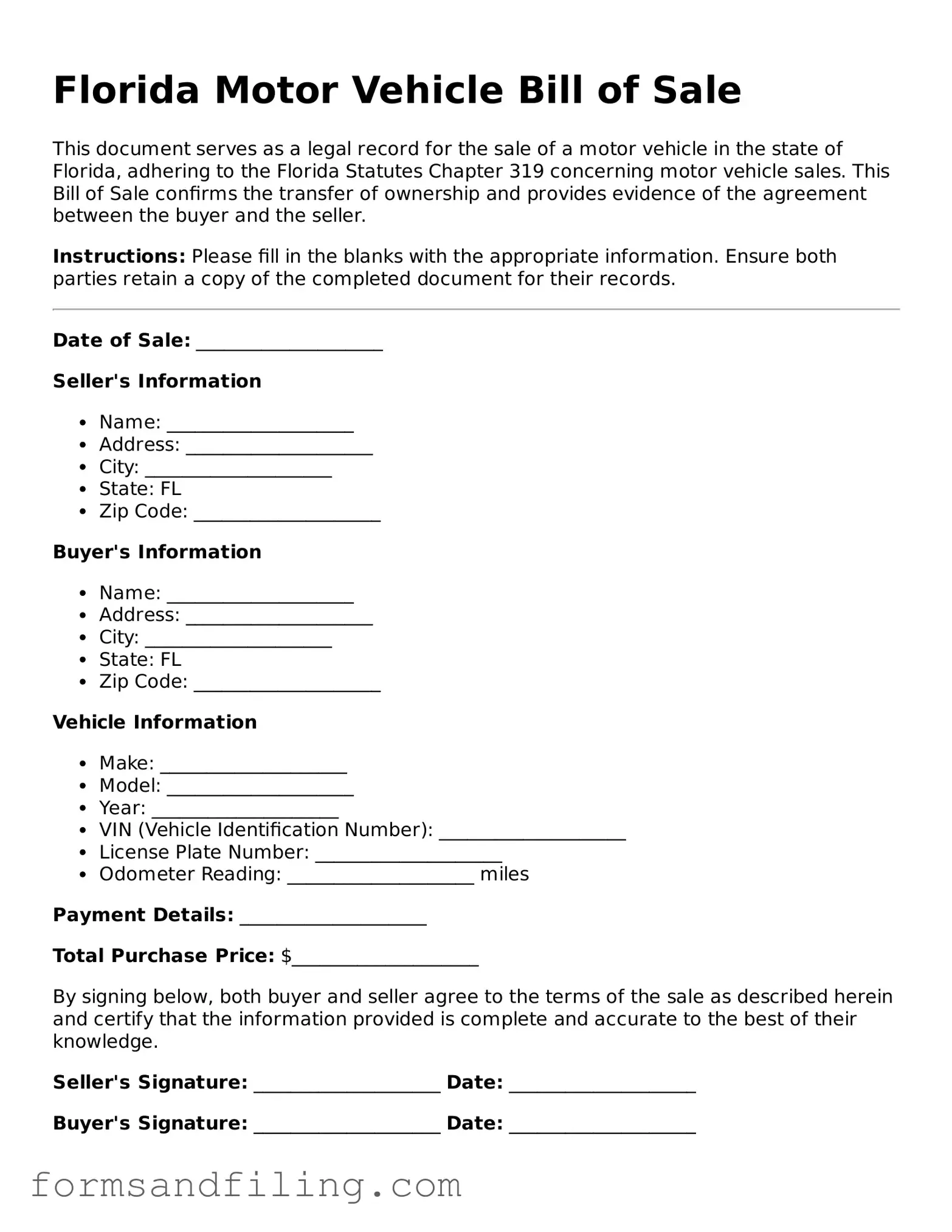 Free Florida Motor Vehicle Bill of Sale Template